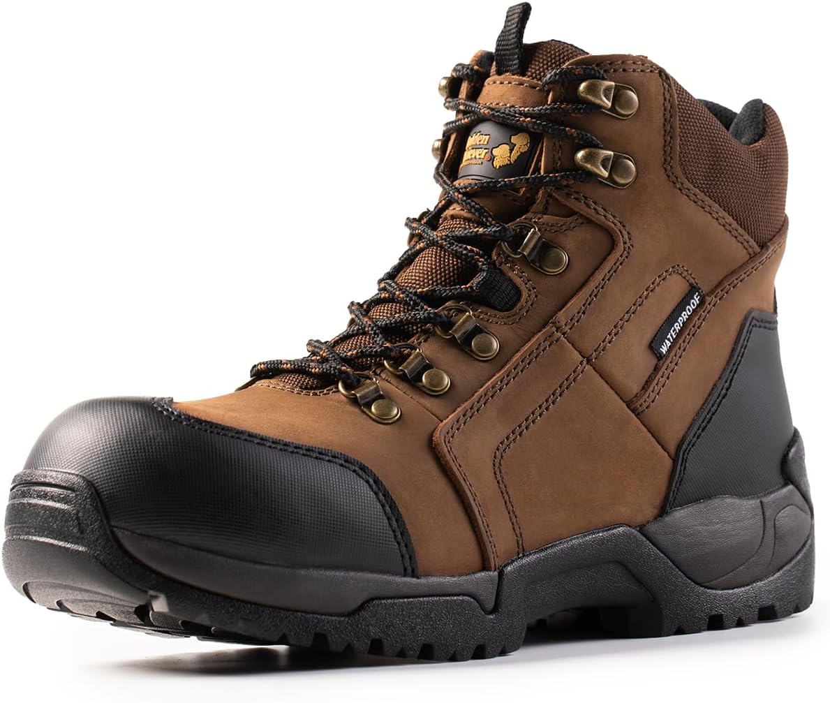 Golden Retriever 6" Waterproof Work Boots for Men, Composite Moc Toe Safety Boots, Wide Fit Leather Construction Boots, Slip and Oil Resistant Rubber Outsole, ASTM EH GR1128