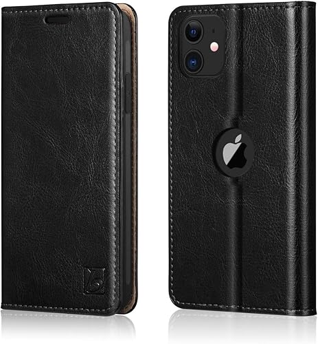 Belemay Funda compatible con iPhone 11, funda de piel de vaca auténtica, delgada, con ranuras para tarjetero, soporte para tarjetas, soporte para