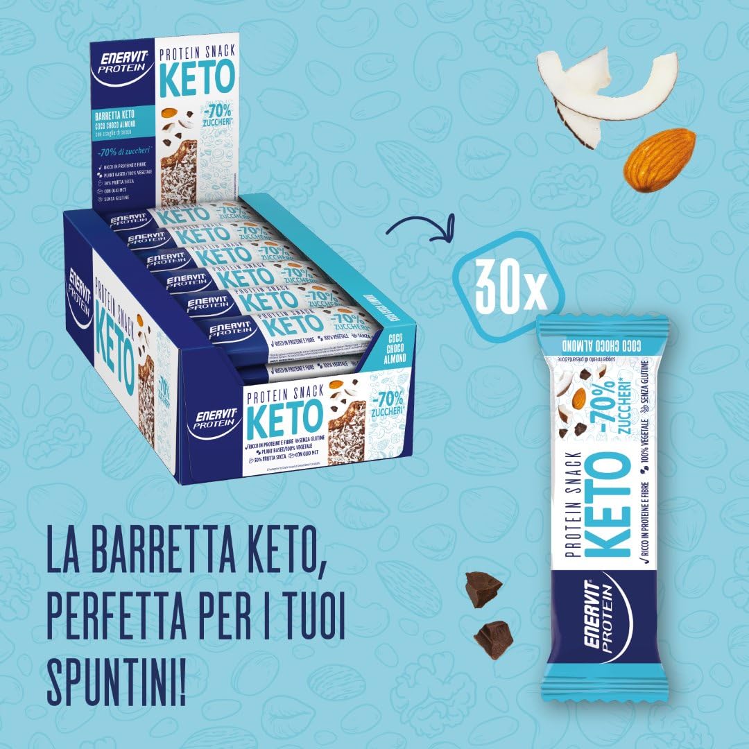 Enervit, Protein Snack Keto Coco Choco Almond, -70% di Zuccheri, Ricco in Proteine, Per il Controllo del Peso, Indicato per la Keto Diet, VeganOK, Senza Glutine, 30 Barrette da 35g