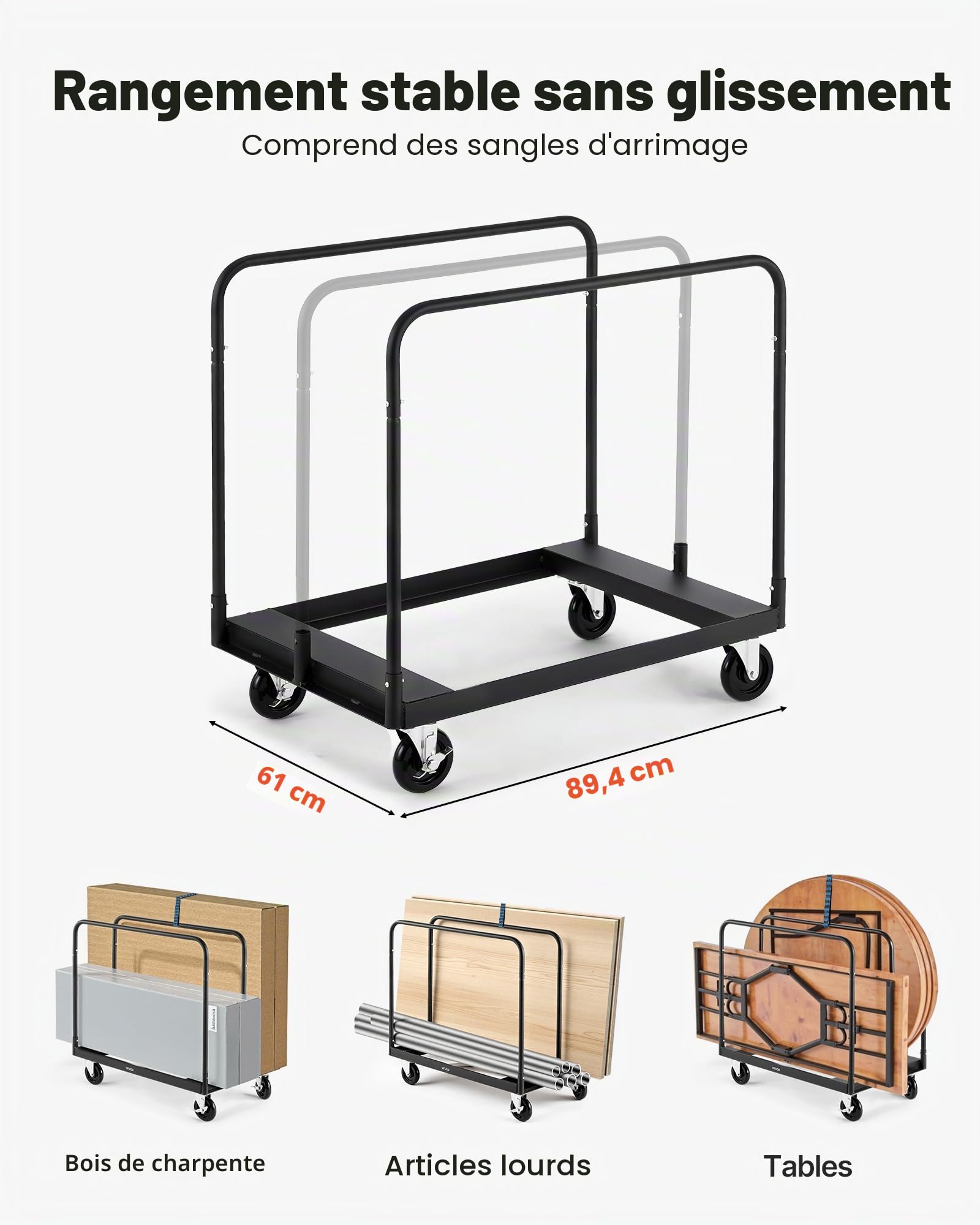 VEVOR Chariot Porte-plaques de Plâtre, Charge 816,5 kg, Chariot Porte-panneaux de Cloisons Sèches, avec Roulettes Pivotantes, Sangle d'Arrimage, Rampes Latérales, pour Transport, Usine, Entrepôt, Noir