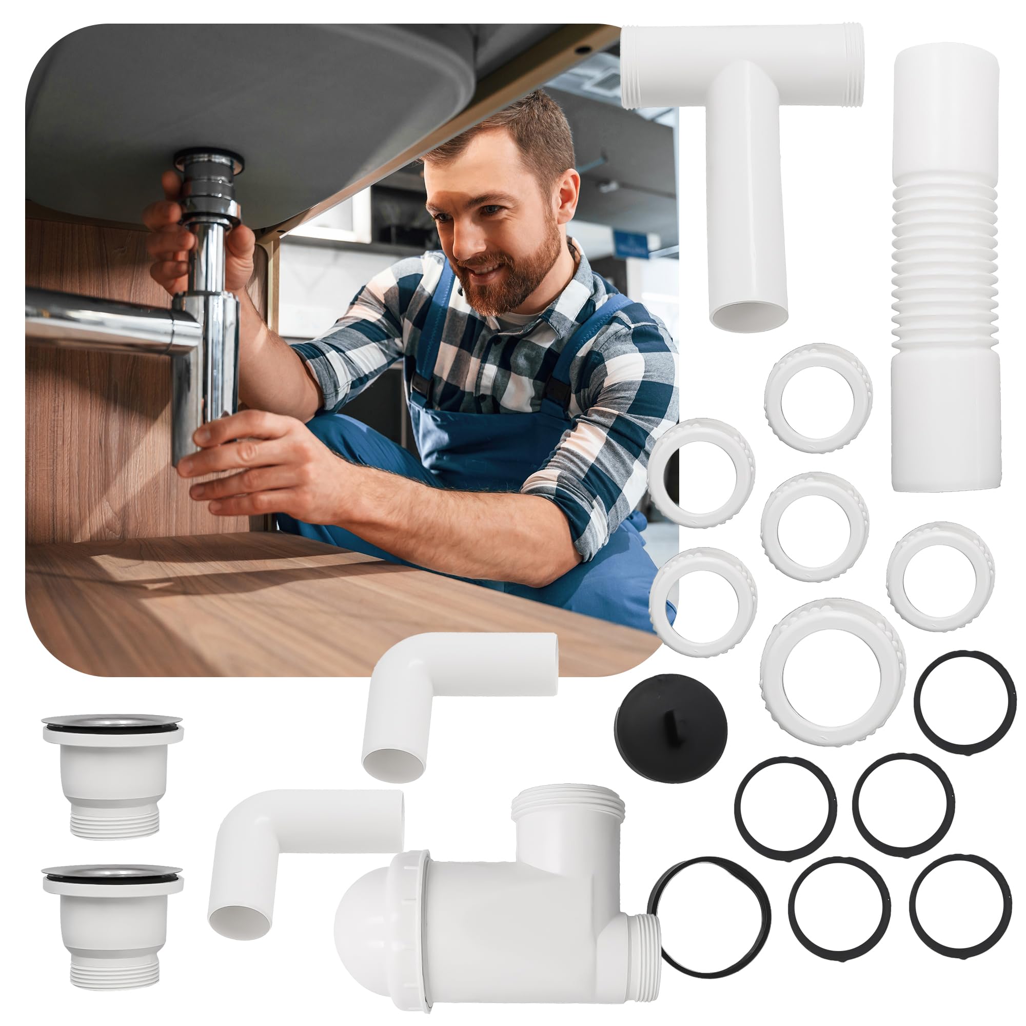 Sifón doble de 50 mm para lavabo doble con colador de desagüe, colador de metal y tapón para fregadero, sifón para fregadero, accesorios para baño, fregadero de cocina, tubo de desagüe