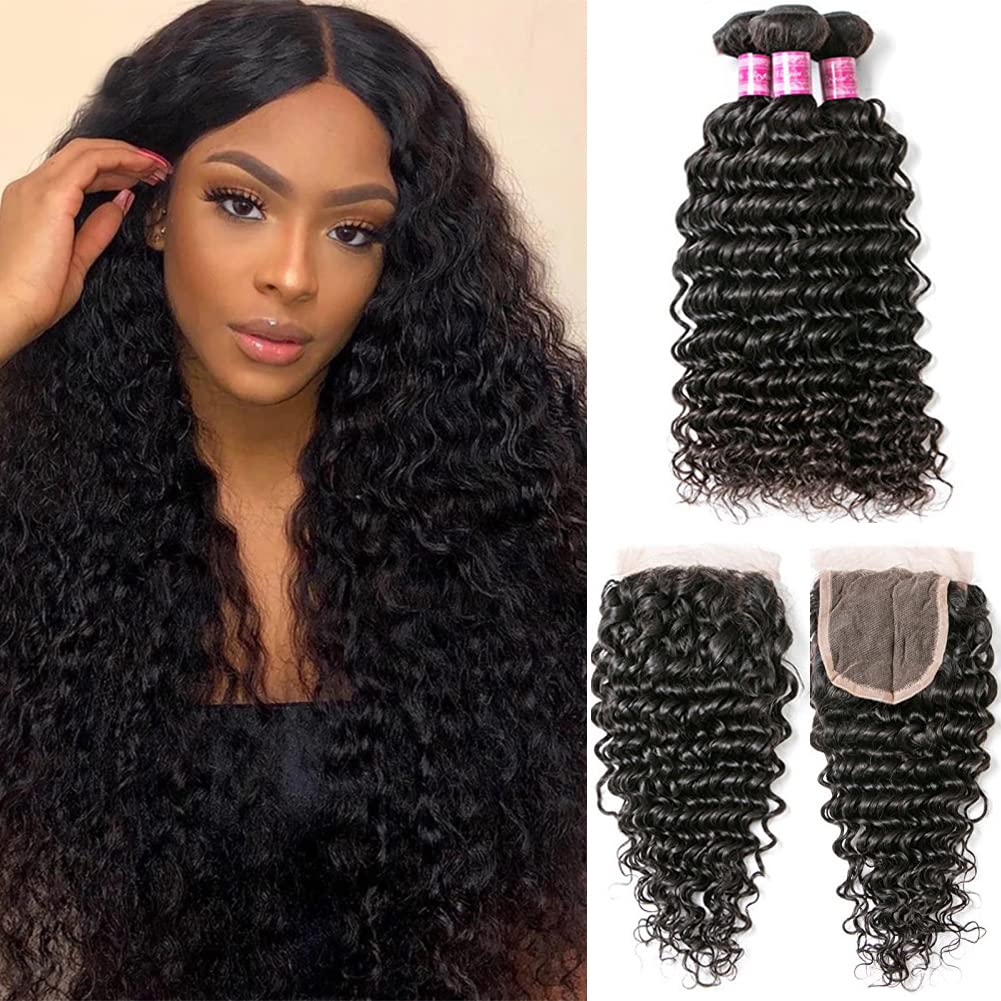 Buy Brazilian Hair Deep Wave 3 Bundles with 4x4 Lace Closure(10" 12" 14