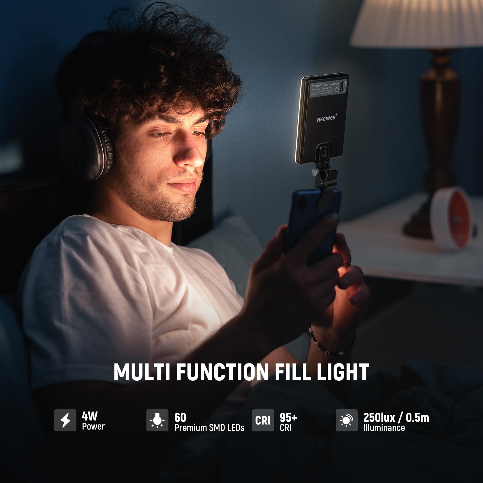 NEEWER BASICS Luce Selfie LED con Clip Compatibile con iPhone, Ricaricabile 2000mAh, Morsetto Telefono e Panno Pulizia, Luce Riempimento per Zoom Videoconferenze Webcam Laptop Riprese Trucco, NL-60AI