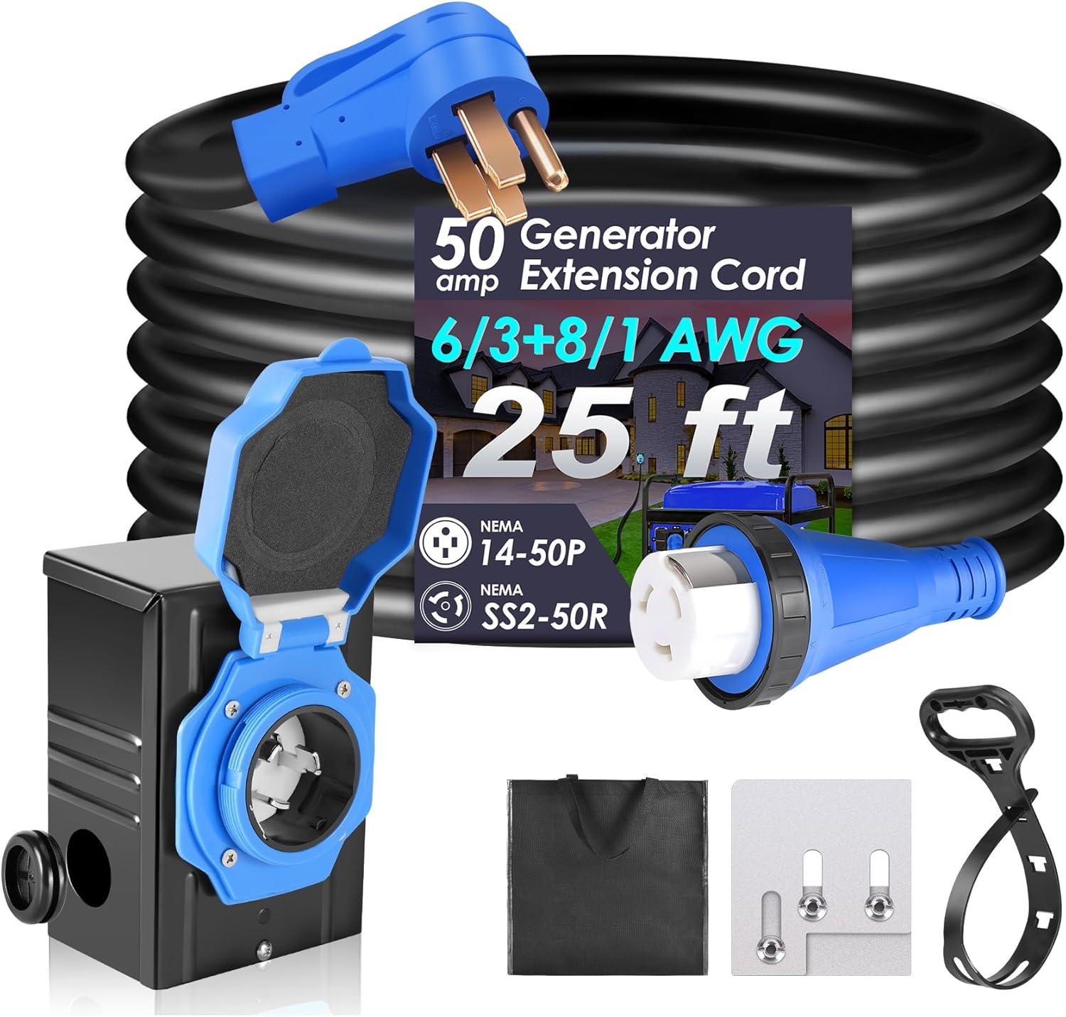 Seeutek 50 Amp Generator Cord, 4 Prong 25 FT Generator Extension Cord with Pre-drilled Power Inlet Box & Interlock Kit, NEMA 14-50P/SS2-50P Functional Cable, High Conductivity, ETL Listed