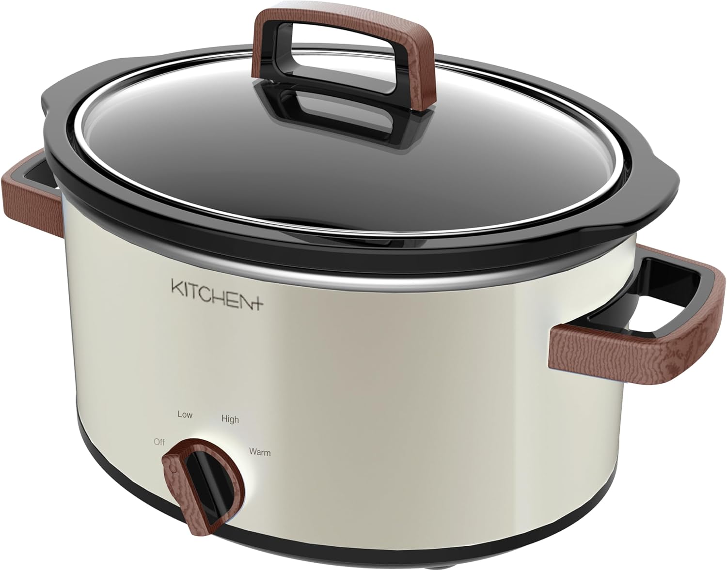 Living+ 4 Quart Slow Cooker & Mini Food Warmer with 3 Heating Settings, Removable Ceramic Pot, Dishwasher Safe, Wood Trim Design, Cream