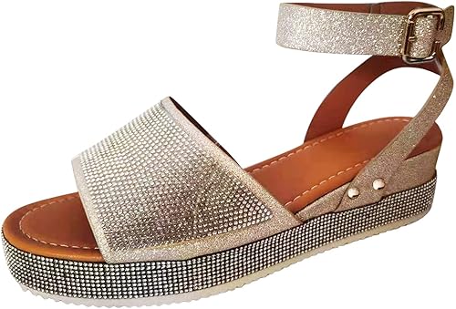 Miniatura 3 de Fululuer Sandalias Wedgr con correa de hebilla para mujer, con diamantes de imitación, zapatos de verano para exteriores, sandalias con soporte de