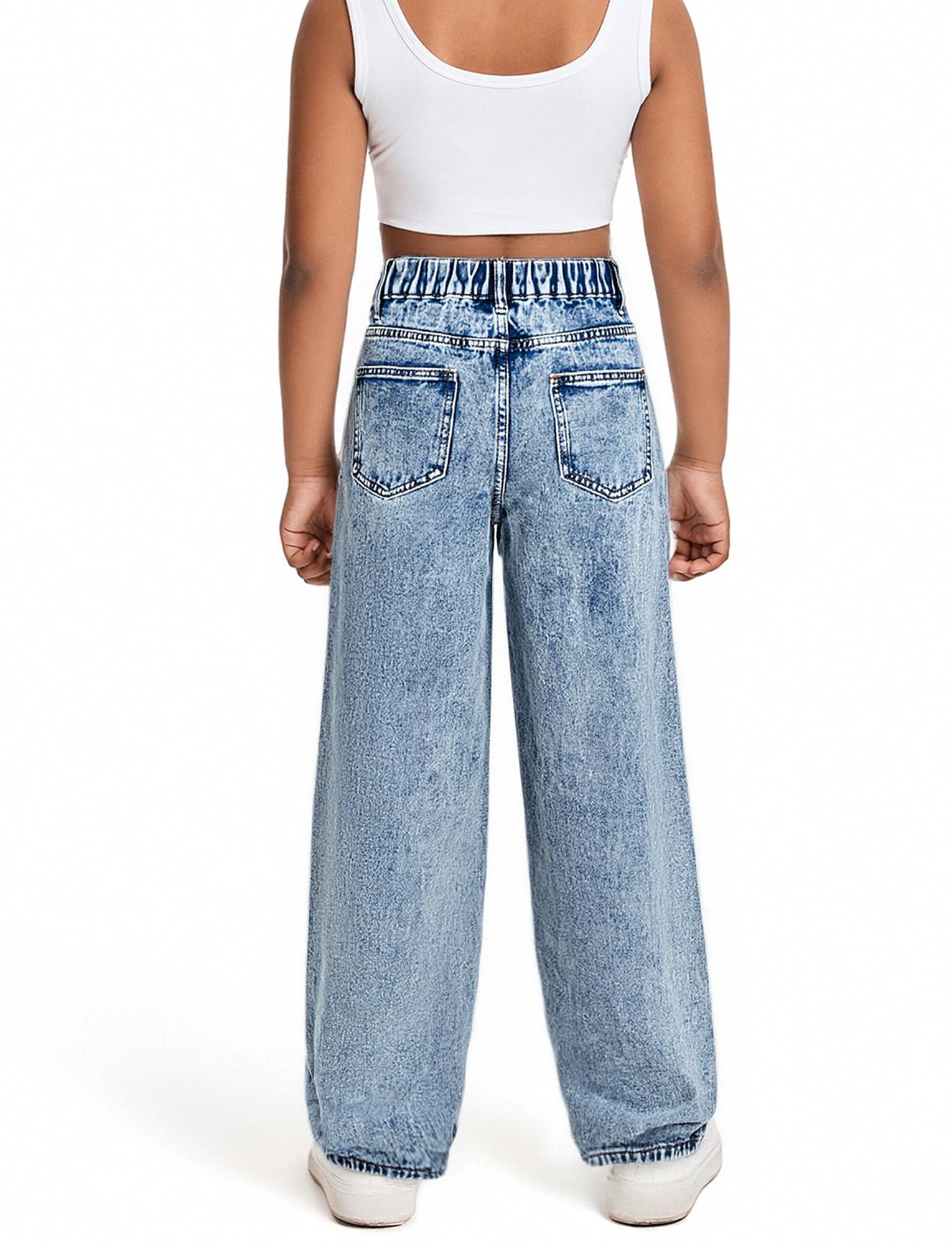 Maeau Jeans Déchiré/Papillon Jambes Larges pour Fille, Pantalon Droit Taille Élastique, Jeans de Jazz Danse Décontracté Ample, Printemps L'été Automne, 8-14 Ans