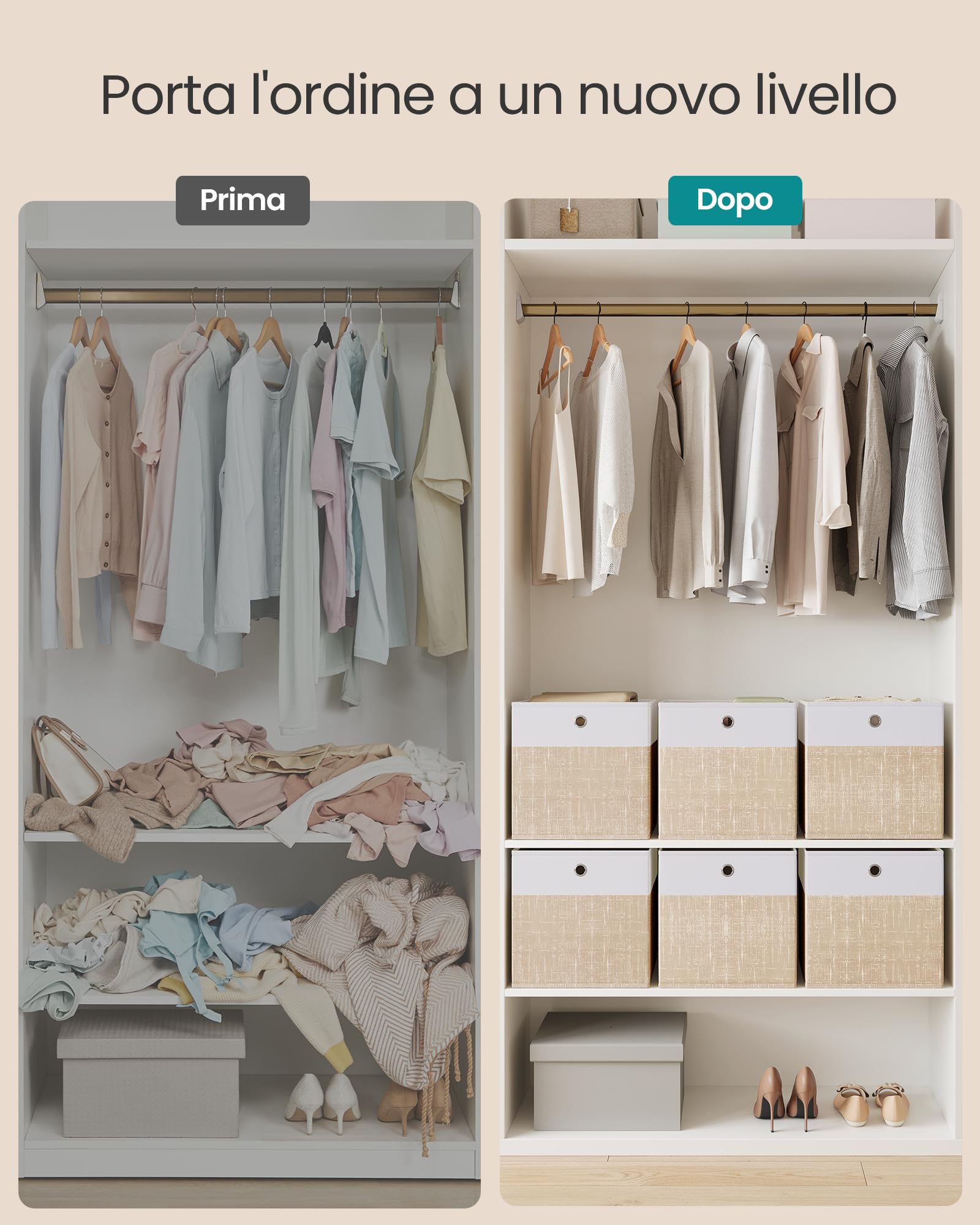 SONGMICS Scatole Portaoggetti, Set di 6, Contenitori in Tessuto, Pannelli in PP, Inodori, Pieghevoli, per Scaffale a Cubo, 30 x 30 x 30 cm, Bianco Nuvola e Beige Sabbia RFB430LF02