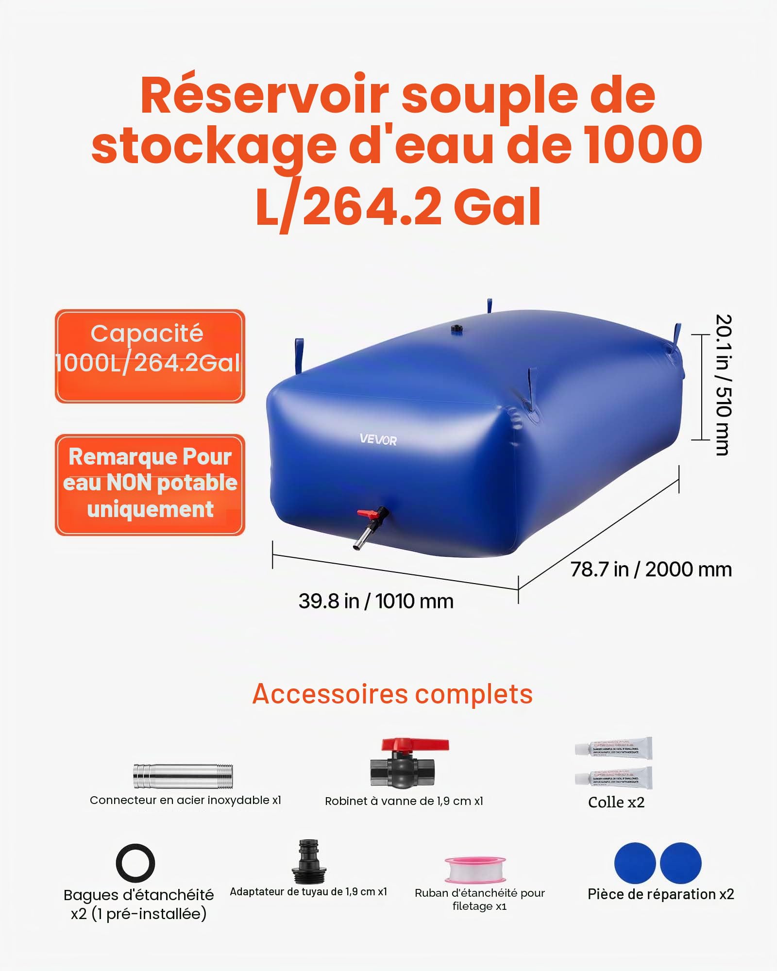 VEVOR Réservoir d'Eau Souple 1000 L Vessie de Stockage Eau Pliable, PVC Grande Capacité, pour Irrigation Jardin, Camping, Camping-car, Extérieur