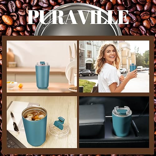 Miniatura 7 de Puraville Vasos aislados con tapa, taza de café de viaje de 14 onzas, taza de acero inoxidable al vacío, a prueba de fugas, reutilizable, vaso de