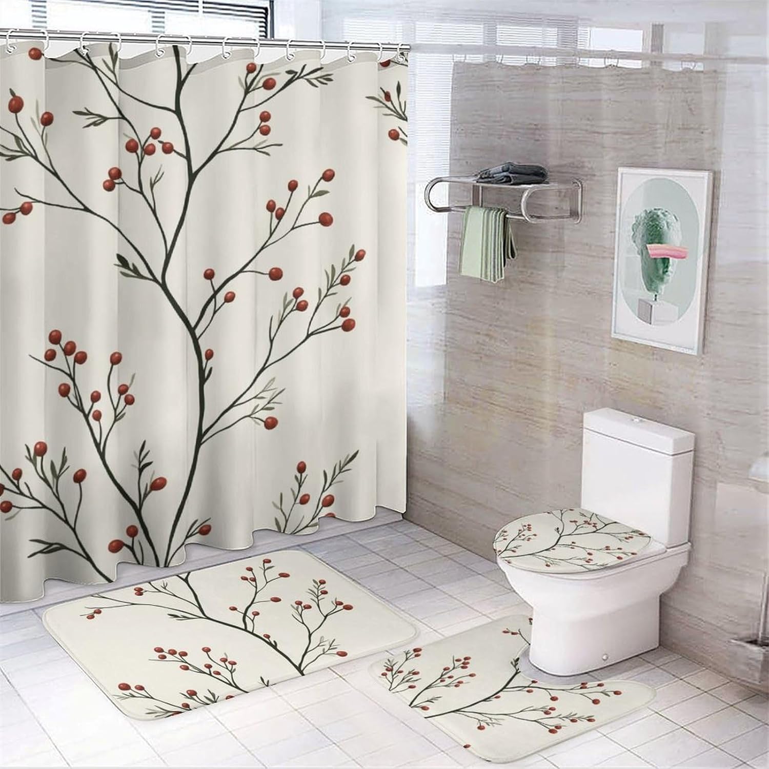 4Pcs Berry Plant Theme Shower Curtain Sets, Bath Mat and Rugs, Vintage Tree Leaf Christmas Shower Curtain with Hooks for Bathroom