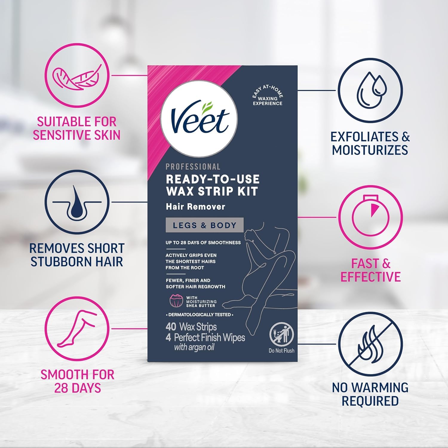 Veet Leg and Body Hair Remover Cold Wax Strips, 40 ct (Pack of 3)
