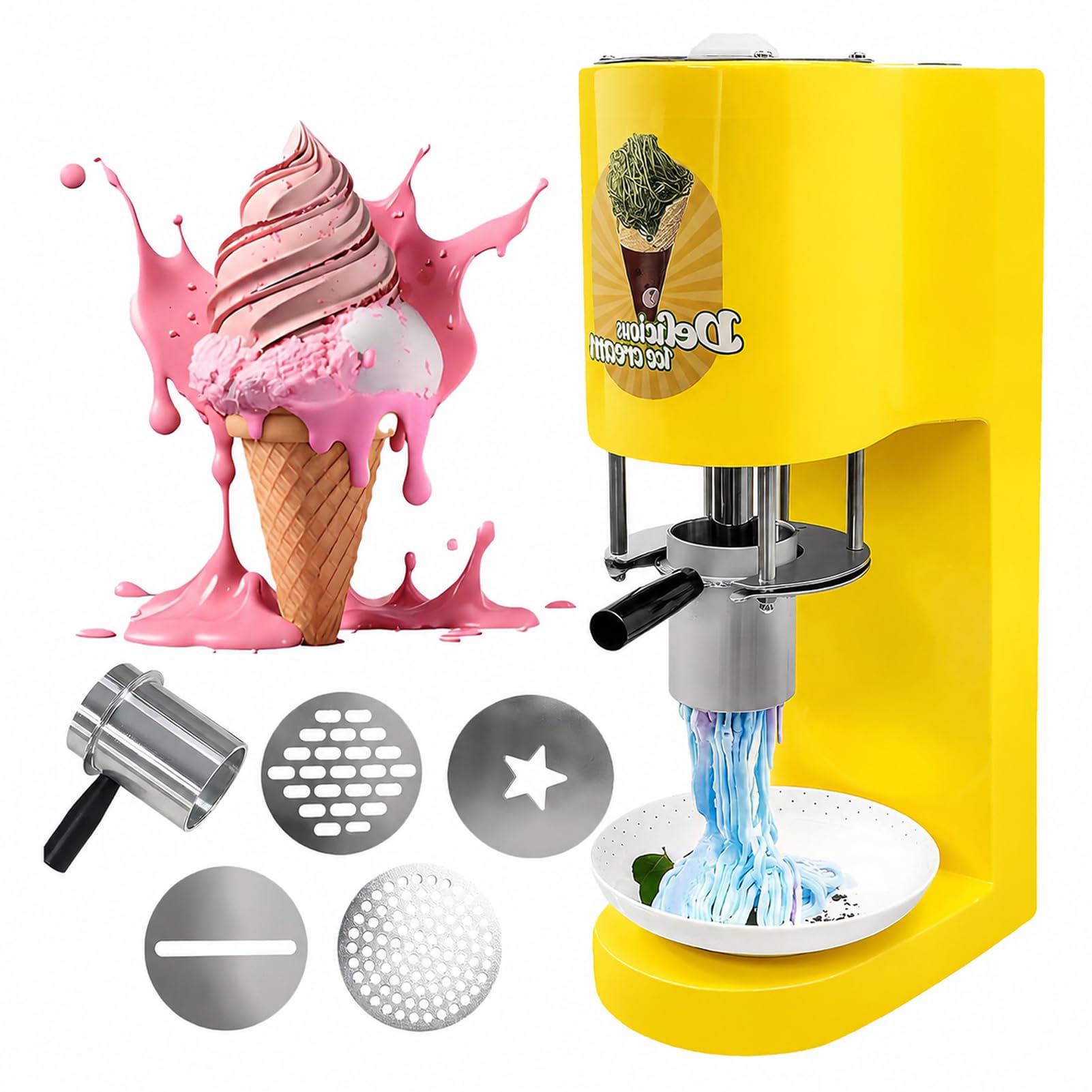 LYJIANGXIN Commercial Soft Serve Spaghetti Ice Cream Machine, 80W Electric Ice Cream Noodle Maker with 4 Molds, High Efficiency Dessert Extruder for Restaurants