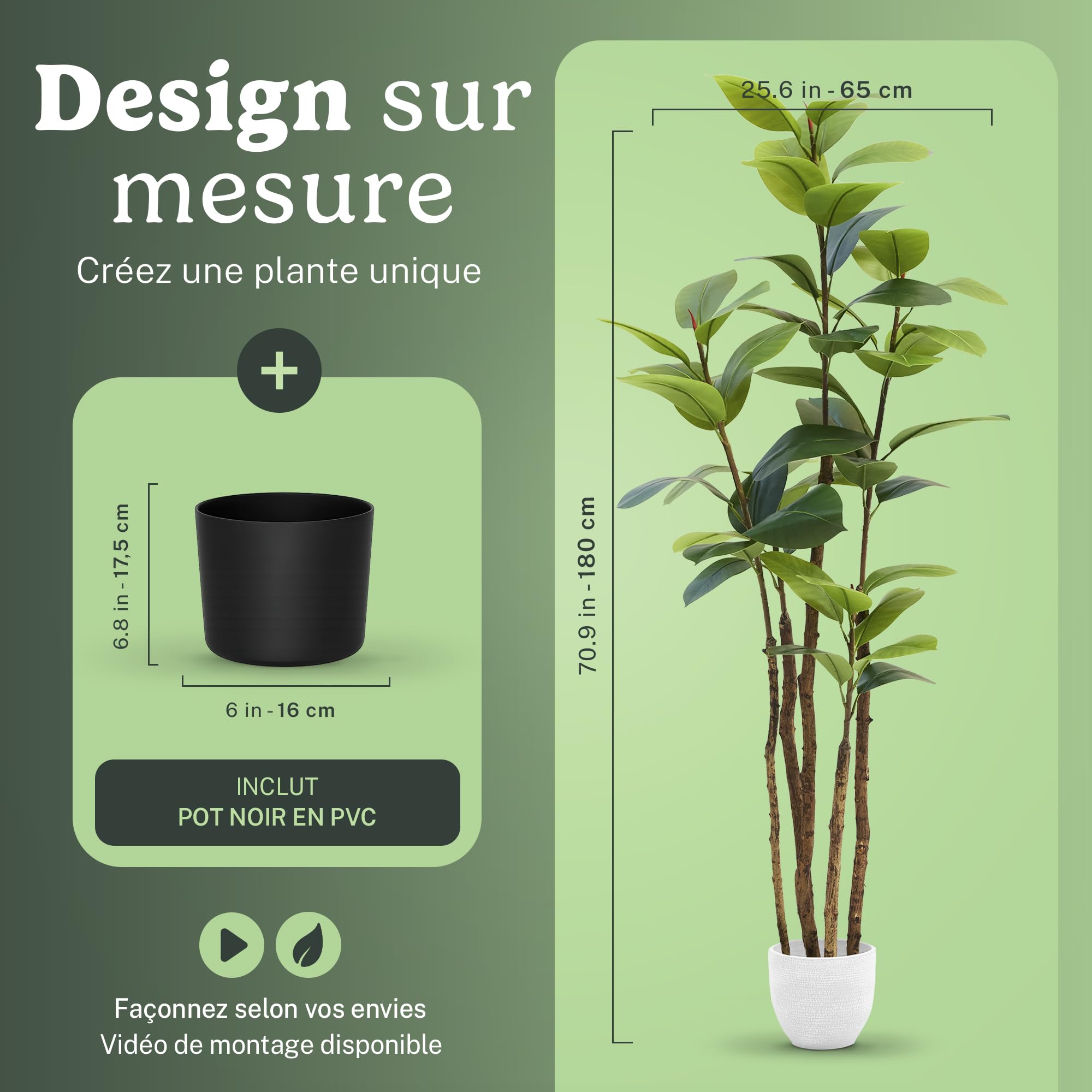 Maia Shop Ficus Elastica Artificiel 180 cm - Faux Arbre d'Intérieur