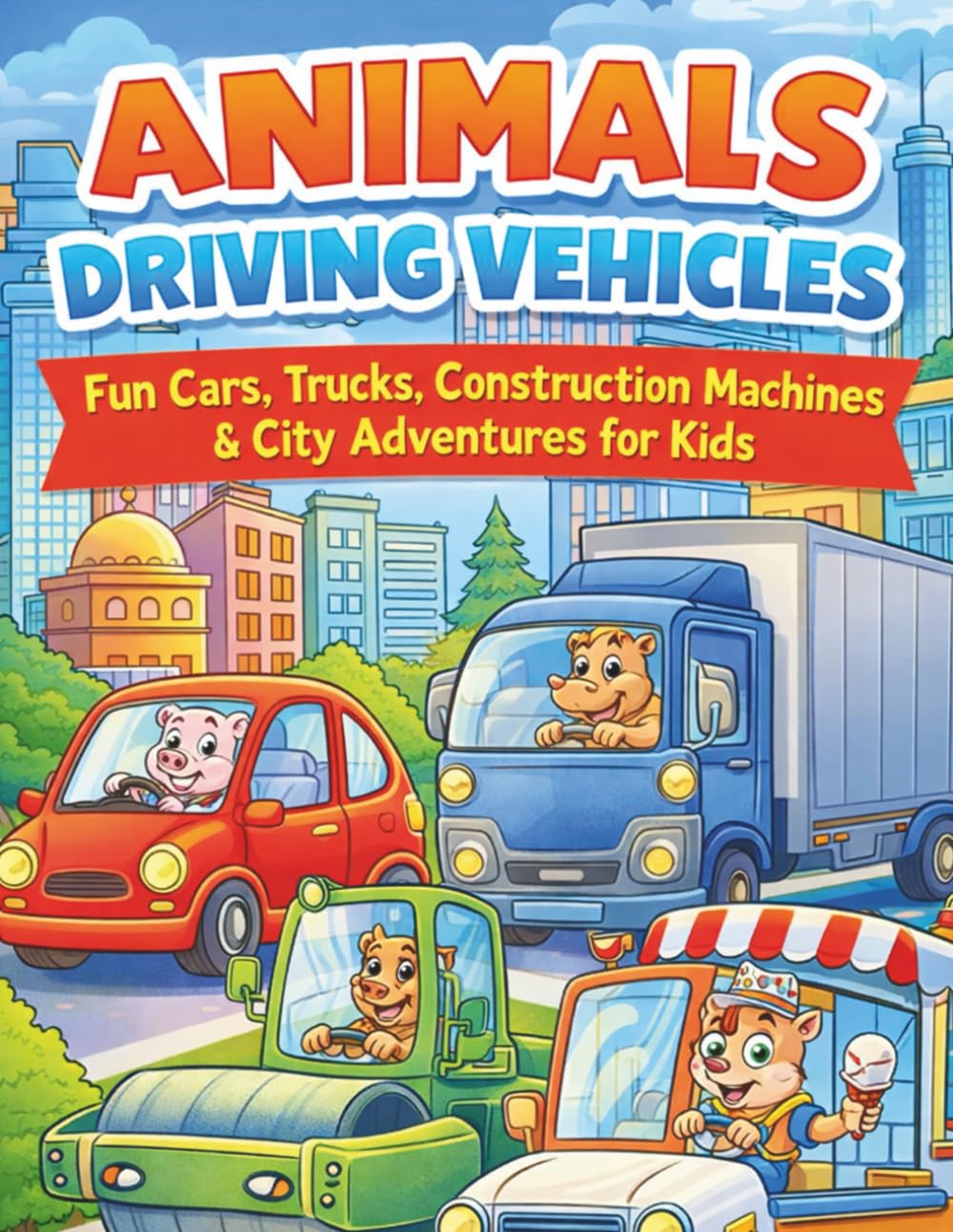Animals Driving Vehicles Coloring Book: Fun Cars, Trucks, Construction Machines & City Adventures for Kids