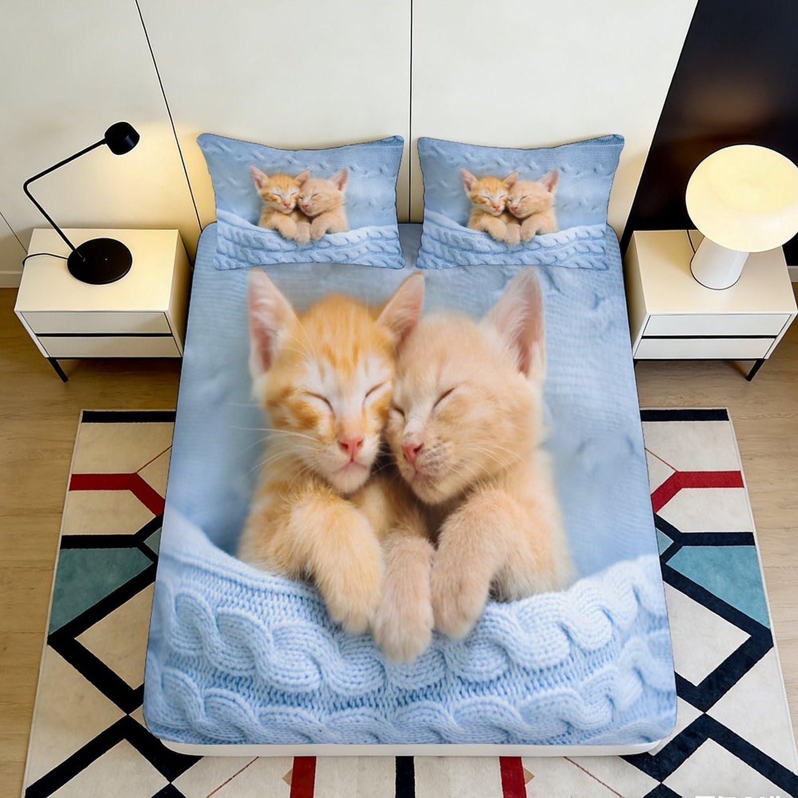 3D Printed Sleeping Kittens Fitted Sheet Microfiber Cosy Beige Cat Bed Cover for Bedroom Dorm Mattress Decor Protection 90x200x25cm