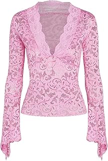 Top con Escote en V Profundo, Elegante Camisa de Manga Larga de Color Sólido Ajustada de Encaje para IR de Compras a Las Mujeres (M)