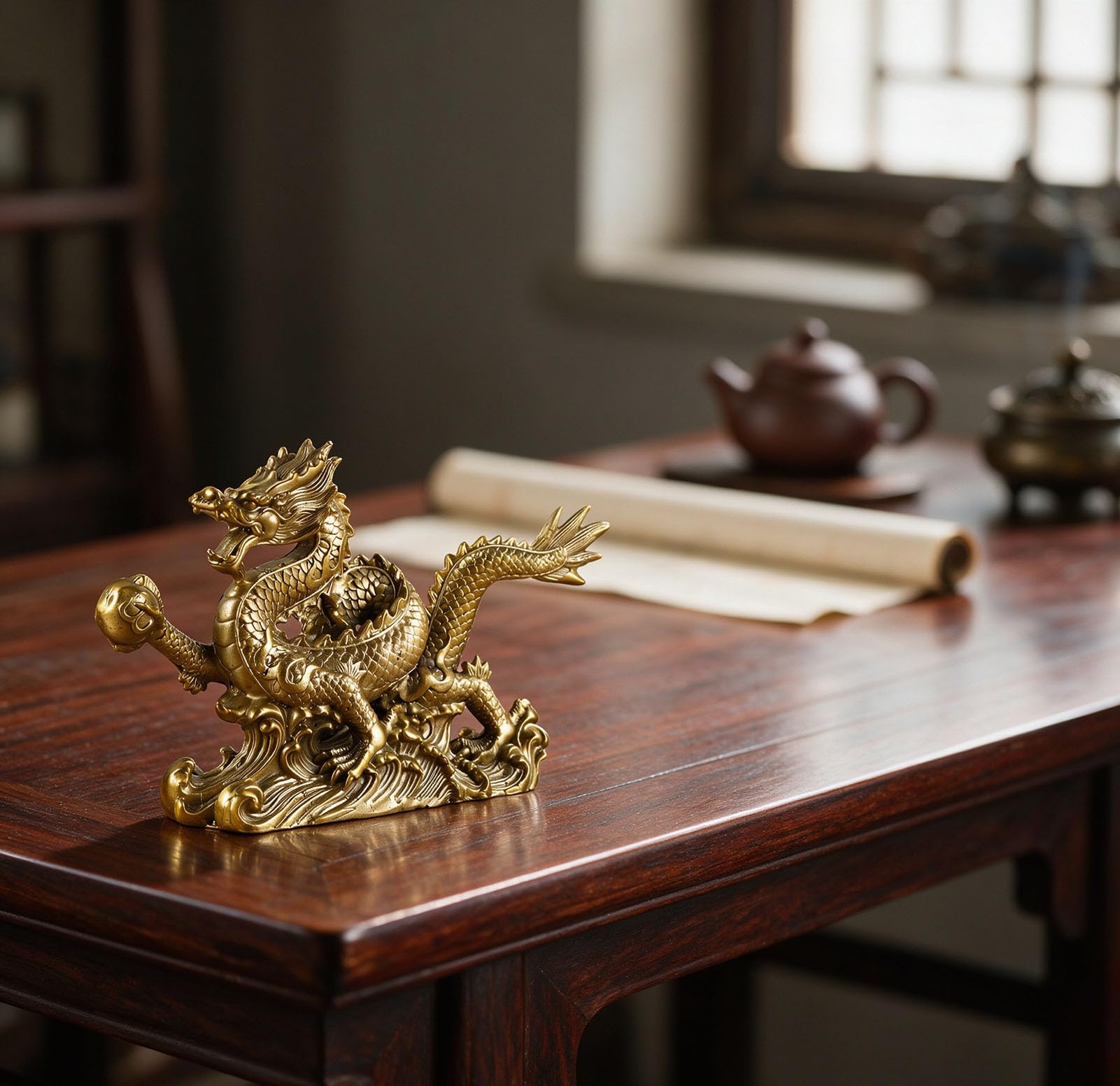 Mosiężna chińska statua smoka Feng Shui rzeźba dekoracja biura domowego | Ozdoby stołowe dla bogactwa i sukcesu, powodzenia kasa fiskalna, biurko, ocieplenie domu, prezent rękodzielniczy