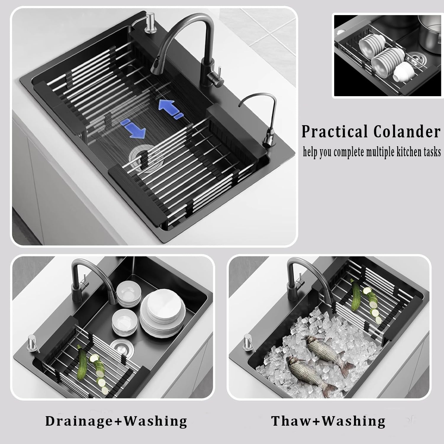 Fregadero Cocina Negro 50 x 45cm, Fregadero Cocina en Acero Inoxidable, Fregadero Bajo o Sobre Encimera Con grifo extraíble/dispensador de jabón/escurreplatos/grifo de agua purificada (Negro, 50x45cm)