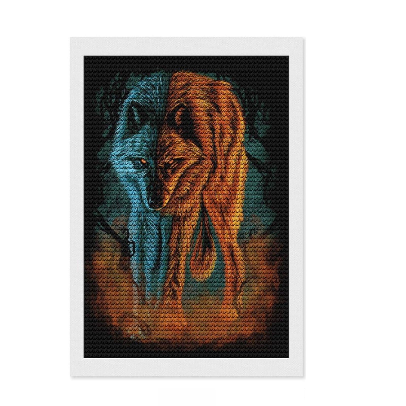 Junmoney Fire and Ice Wolf Diamond Painting Set 8"x12", for Adults, Home Wall Decor, Easy to Enjoy, Christmas Gift, Nice Detail and Sparkle