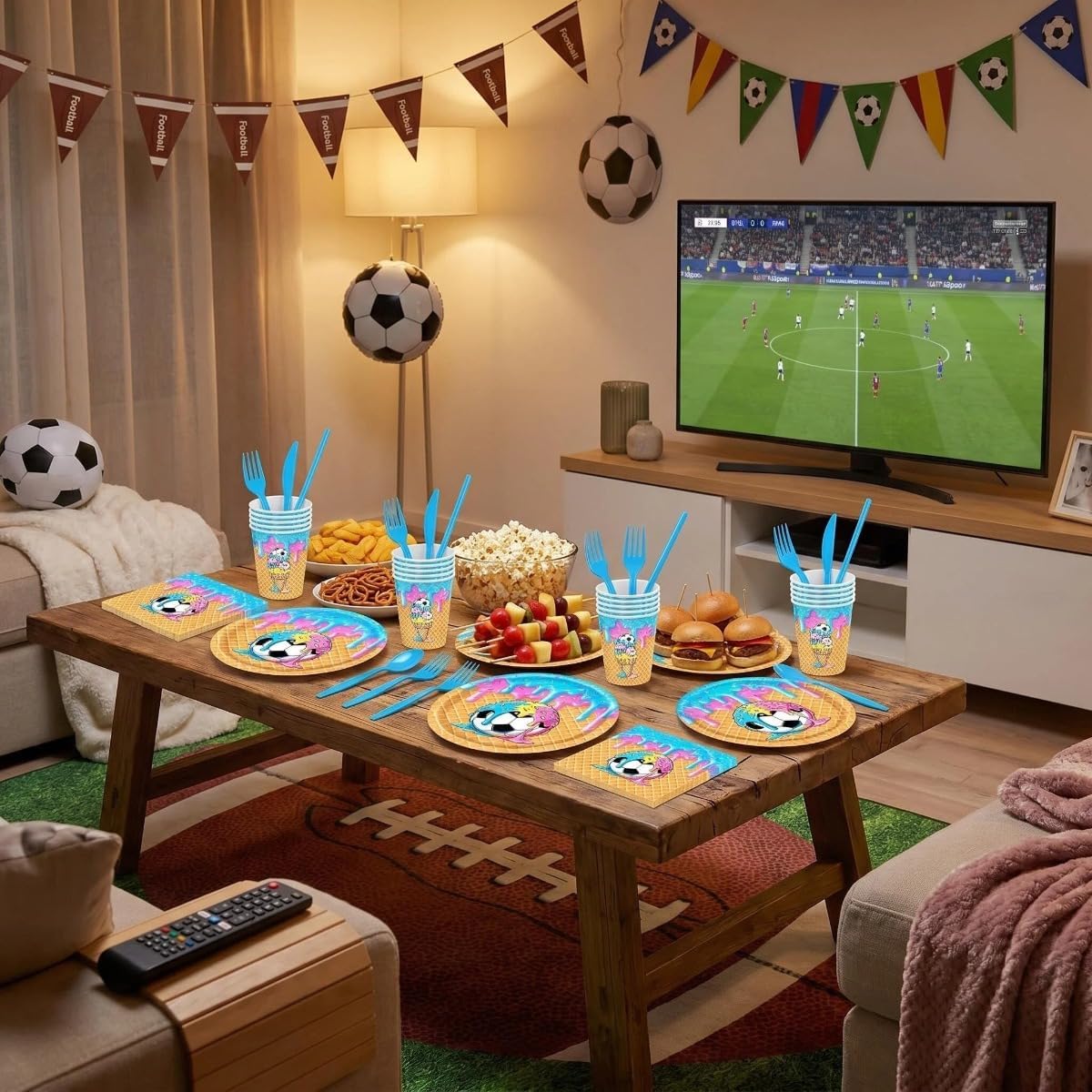 168 Pcs Soccer Ice Cream Birthday Party Supplies，Waffle Football Tableware Set，Ice Cream Soccer Design Paper Plates Cups,Napkins,Birthday Party Decorations Boys Birthday Decor，Serve 24