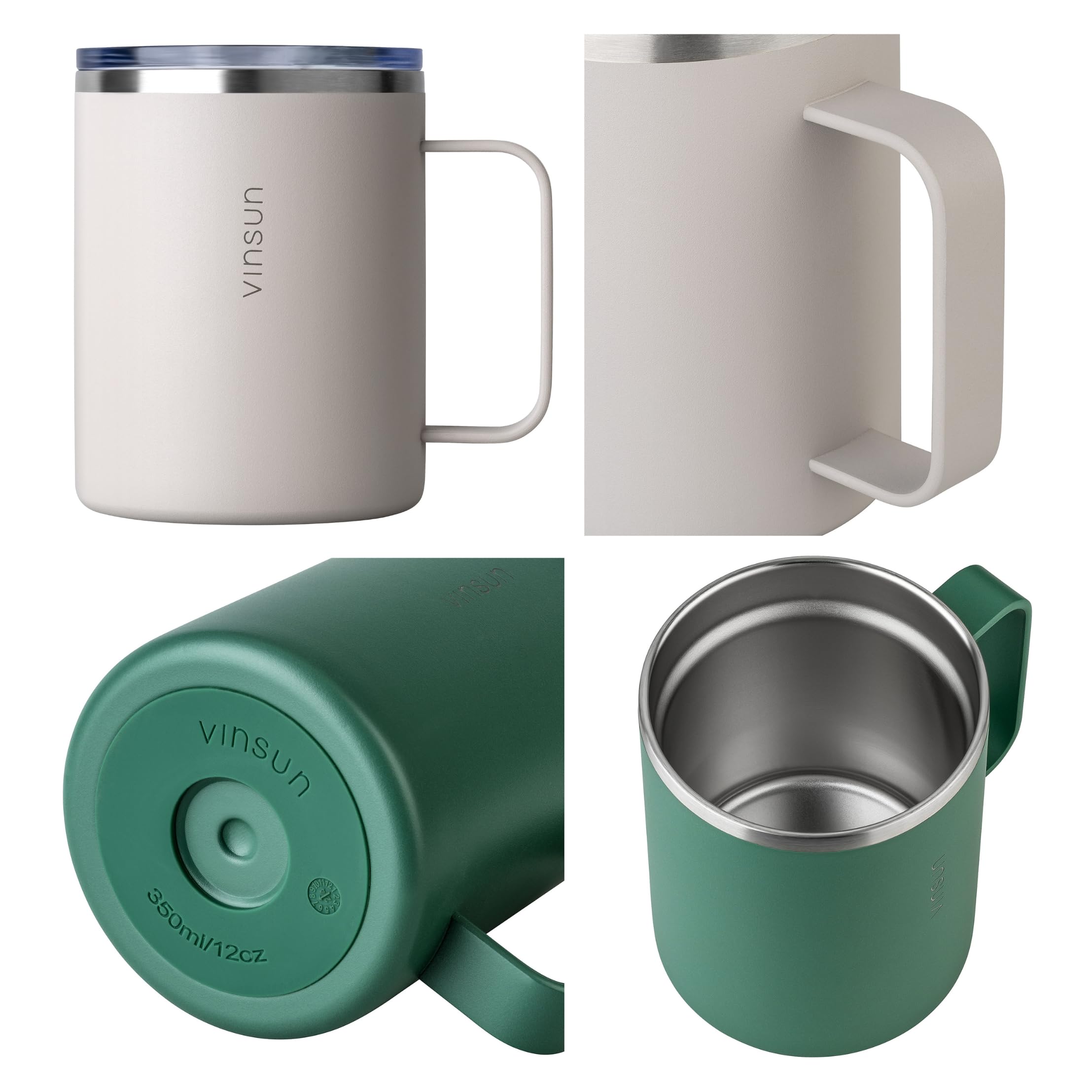 VINSUN Tazza Termica con Manico 350ml - Acciaio Inox, Coperchio Trasparente con Apertura per Bere, Senza BPA - Tazza da Viaggio Caffè per Ufficio, Scuola, Campeggio, Auto