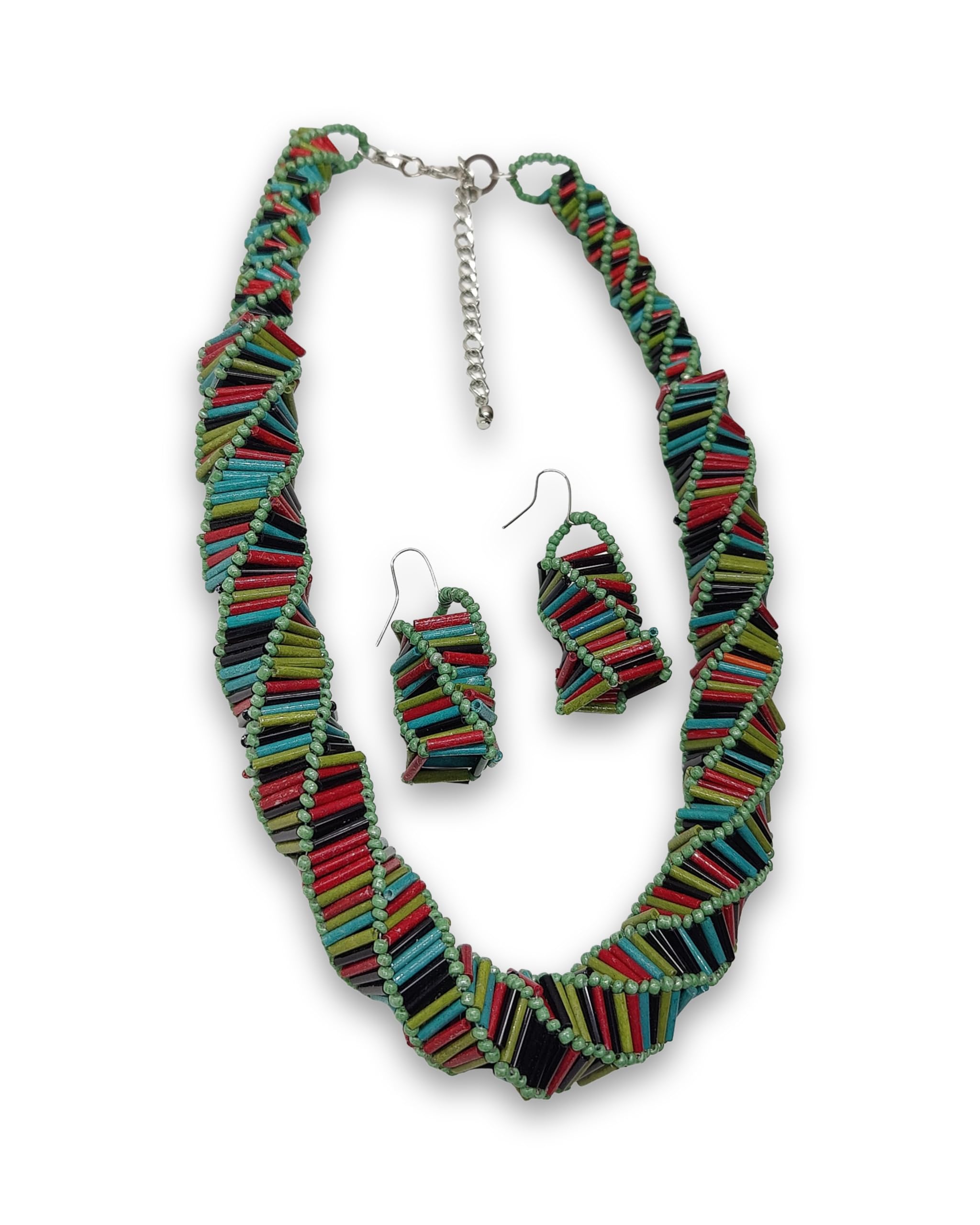 Handmade Twisted Bugle Bead Necklace and Earring Set, Multicolour, Autumn Tones, Boho Style, Adjustable Gold Clasp for Indo Western, Kurti,Saree for Women and Girls-image-45