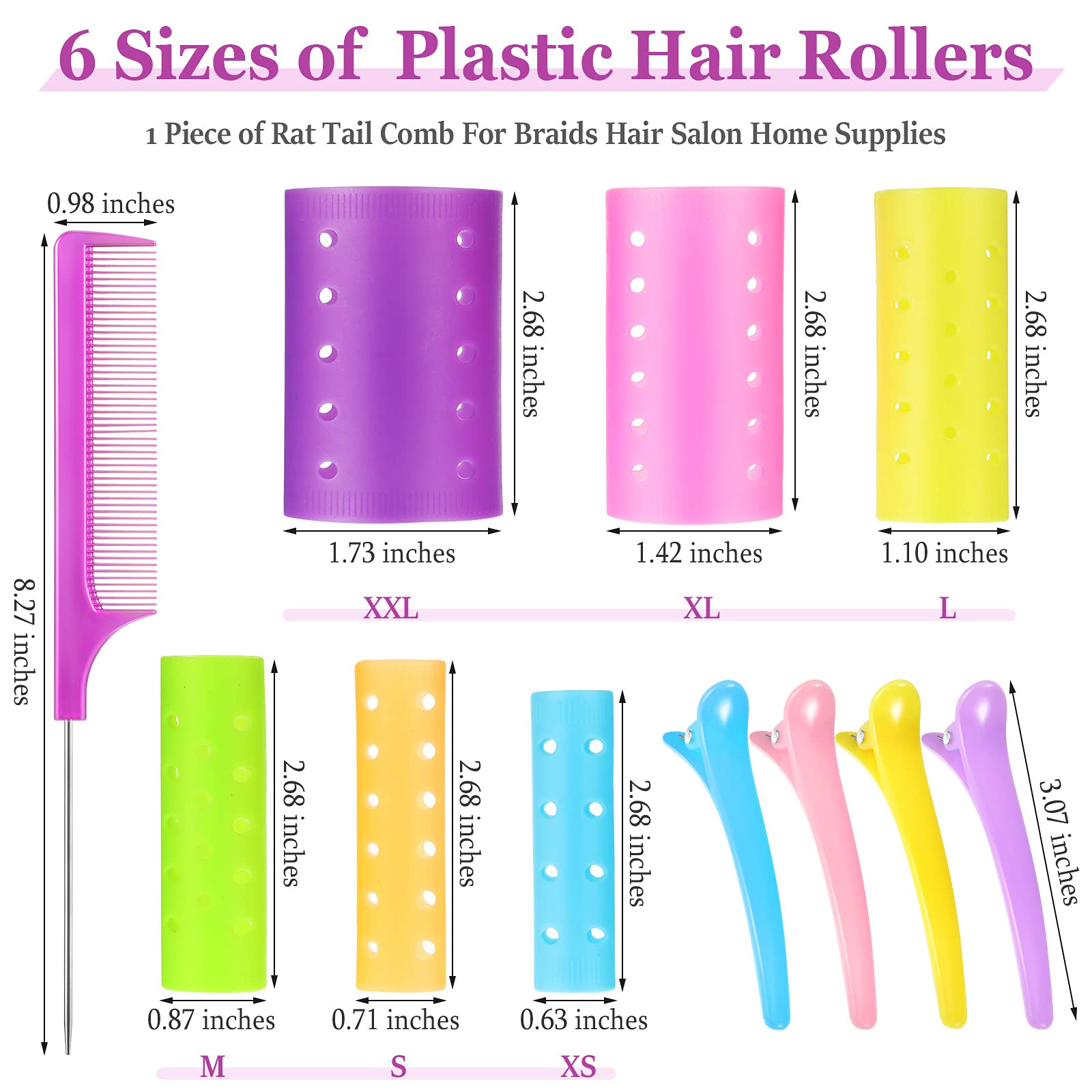 Juego de 141 rodillos para el cabello, incluye 60 rodillos de plástico de tamaños mixtos con 60 pines, 20 pinzas de dientes de pato y peine de cola de rata, herramientas de rizadores de 2