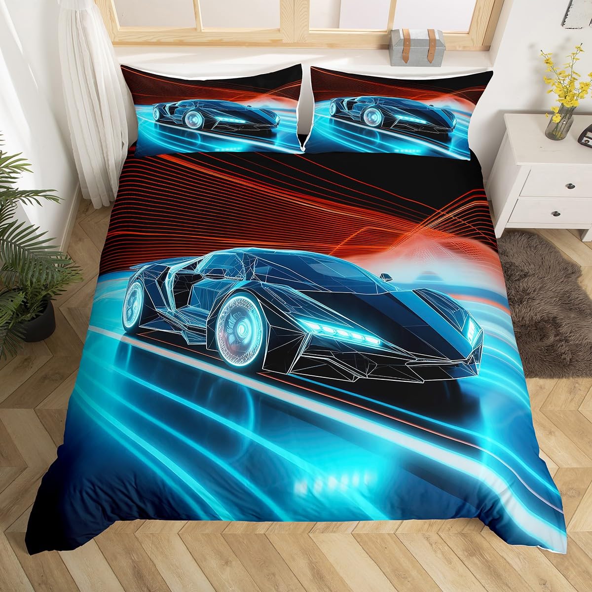 Speed Sports Car Duvet Cover Set Black Race Car Blue Bedding Set for Kids Boys Girls Extreme Sport Theme Comforter Cover Cool Speed Decor Bedding & Linen Bedroom 3Pcs King Size