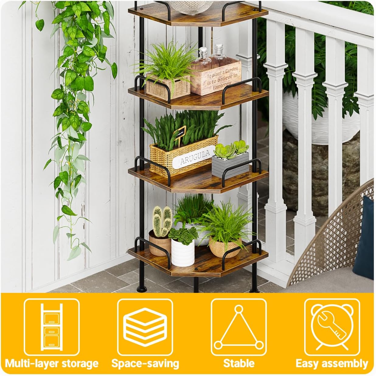 Weehom Small Corner Shelf - Multipurpose Corner Shelving Unit and Storage, 4 Tier Shelf Stand for Small Spaces, Display Shelves for Living Room, Bedroom, Kitchen, Bathroom - Rustic Brown