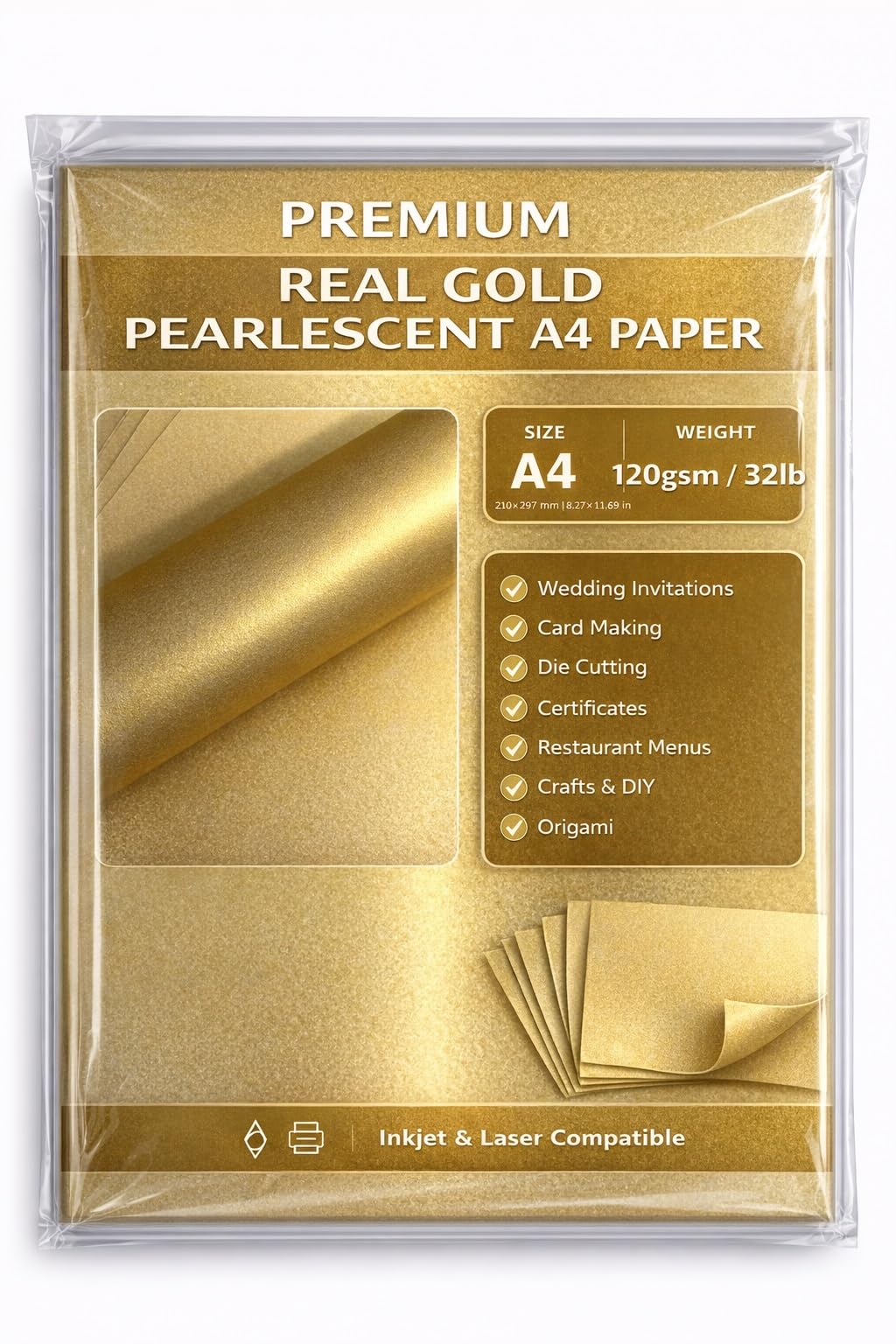 Fogli di carta dorati, formato A4, perlati, 120 g/mq, doppio lato, adatti a stampanti laser e a getto d'inchiostro