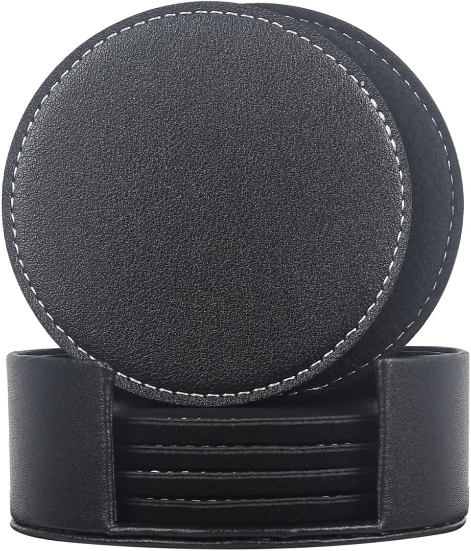Coasters for Drinks Set of 6, Absorbent Felt Drink Coasters with Holder, 3.8 in Non-Stick to Glasses Heat Resistant PU Leather Coaster-Protect Table from Stains and Damage, Housewarming Gift-Black