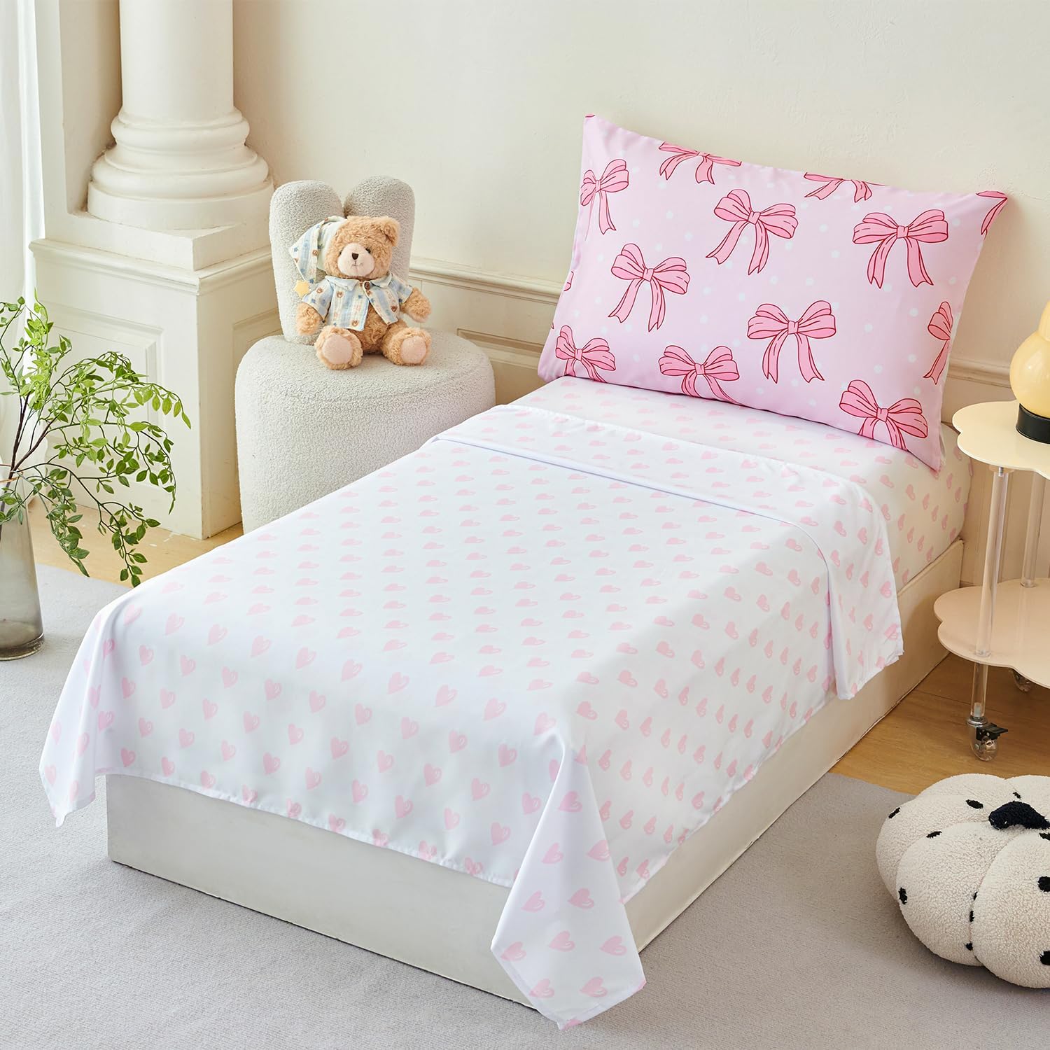 PERFEMET Pink Toddler Bed Comforter Set for Girls 4 Pieces Reversible Bow Bedding Sets for Toddlers Soft Breathable Baby Girl Bed Set for All Seasons(Bow, Toddler)