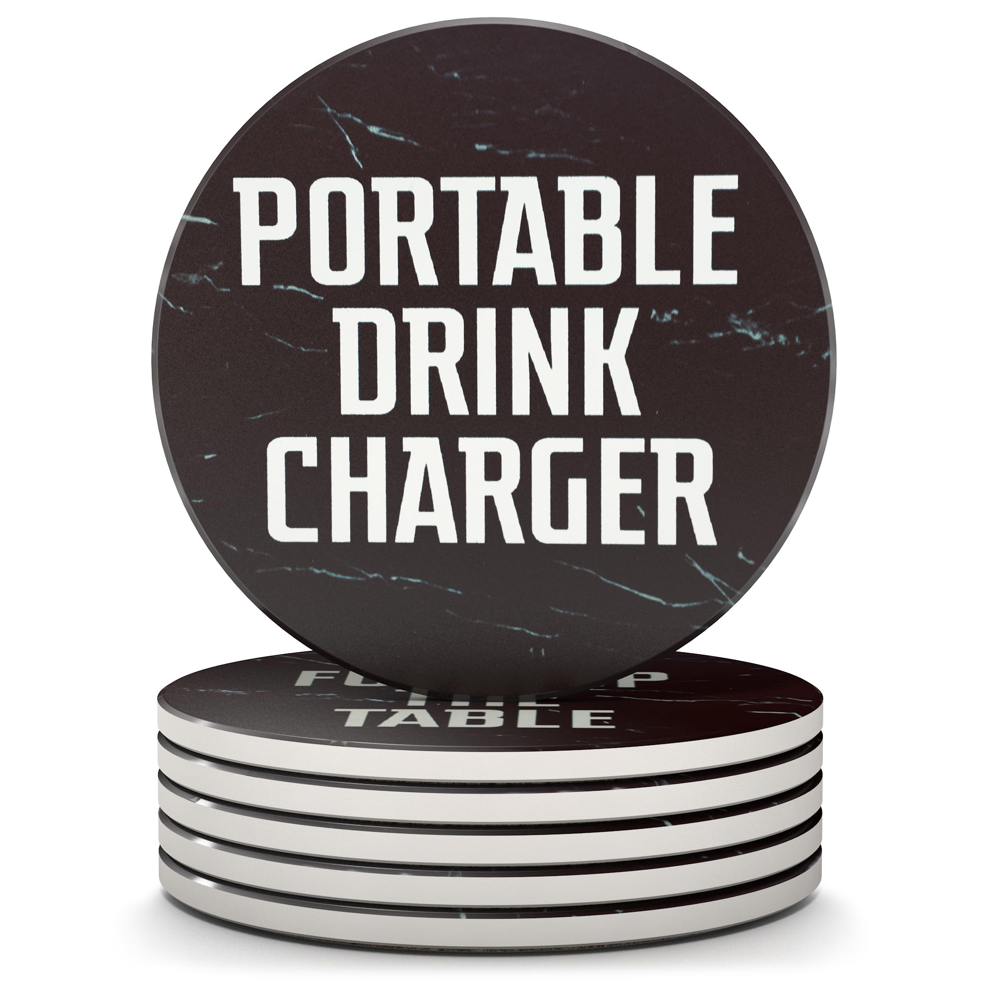 Clever & Funny Coasters for Drinks Absorbent with Box Holder - 6 Piece Ceramic Black Marble Coaster Set - Man Cave Decor
