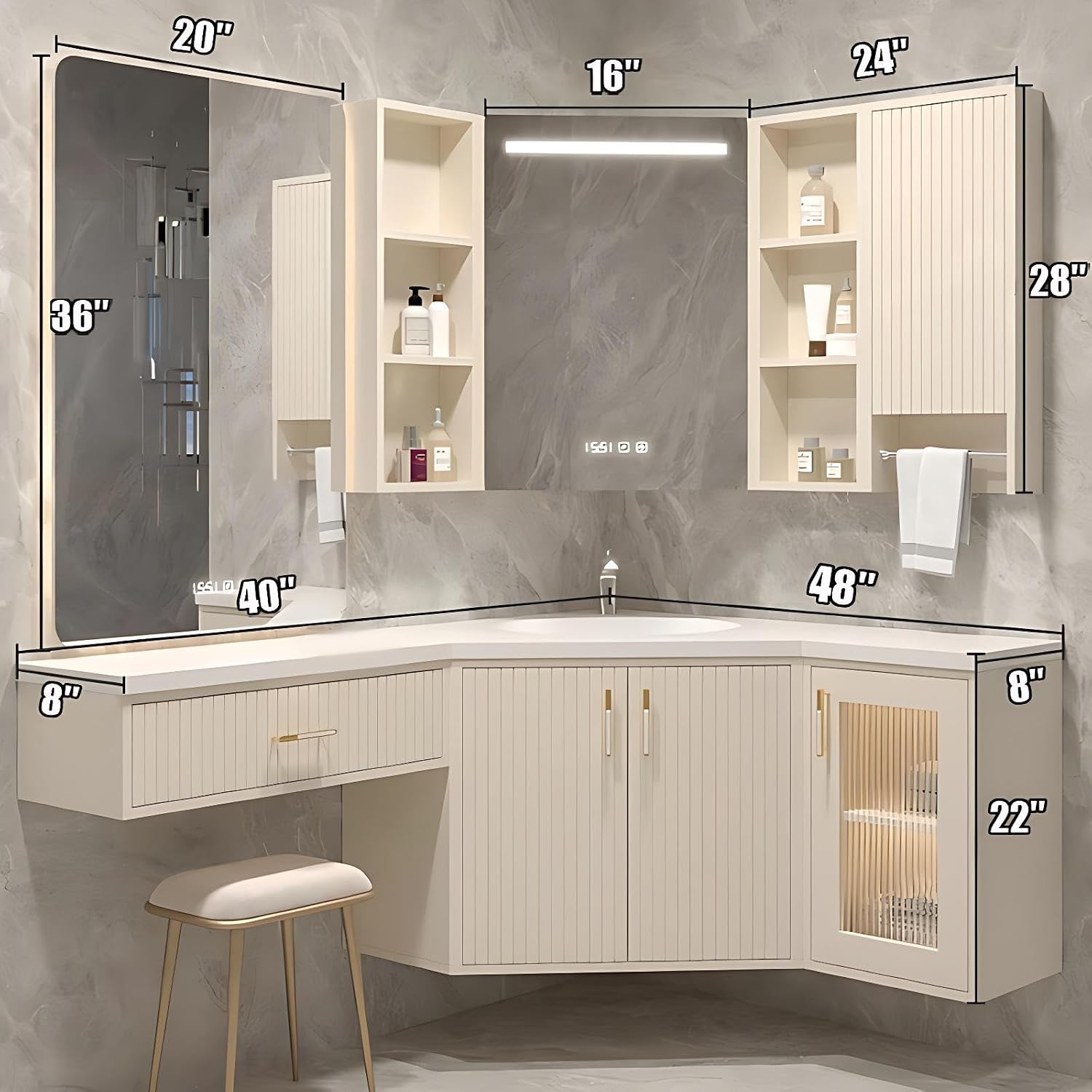 Corner Bathroom Vanity with Sink - Modern Floating Corner Bathroom Vanity with Makeup Vanity & Smart Defog Mirror, Stylish Sink Cabinet with Storage, Includes Makeup Stool (Off-White, 48IN)
