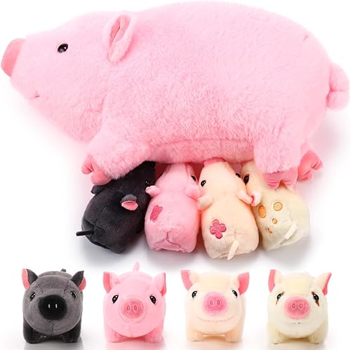 Miniatura 1 de Honoson Cerdo de peluche con bebés, juego de peluche suave para niños pequeños, mamá cerdo de peluche con 4 lechones magnéticos de peluche para