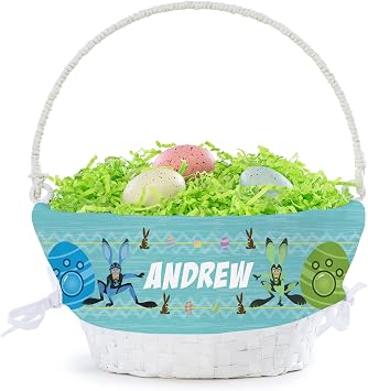 Wild Kratts Personalized Easter Egg Basket with Handle and Custom Name | White Basket with Blue Bunny Power Suits Liner | Woven Easter Baskets for Kids | Customized Easter Basket | Gift for Easter