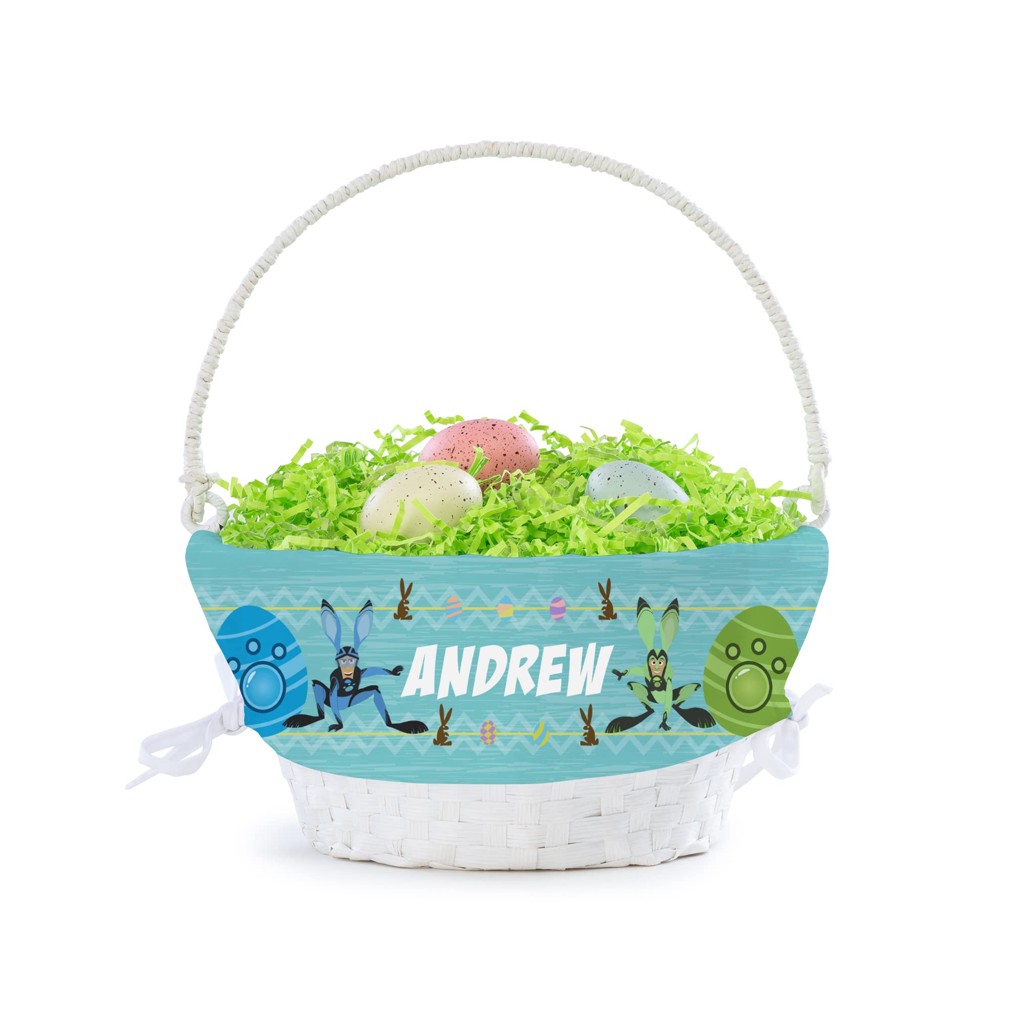 Wild Kratts Personalized Easter Egg Basket with Handle and Custom Name | White Basket with Blue Bunny Power Suits Liner | Woven Easter Baskets for Kids | Customized Easter Basket | Gift for Easter