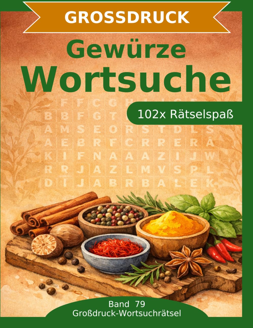 Gewürze — Wortsuche in Großdruck: 102 Wortsuchrätsel mit extra großer Schrift | Gehirnjogging Gewürze & Aromen | Geschenkidee für Oma & Opa