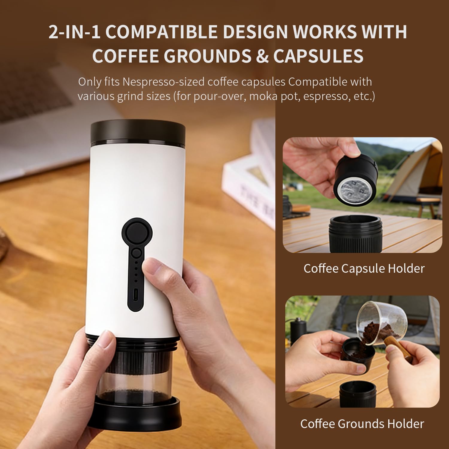 SANMAS Cafetera espresso portátil, cafetera de autocalentamiento recargable por USB-C, para viajes y camping, compatible con café molido y cápsulas, cafetera eléctrica compacta para coche, caravana