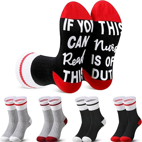 Miniatura 2 de SATINIOR 4 pares de calcetines divertidos para enfermera, con texto en inglés "If You Can Read This Nurse Is Off Duty for Nurse Is Off Duty for