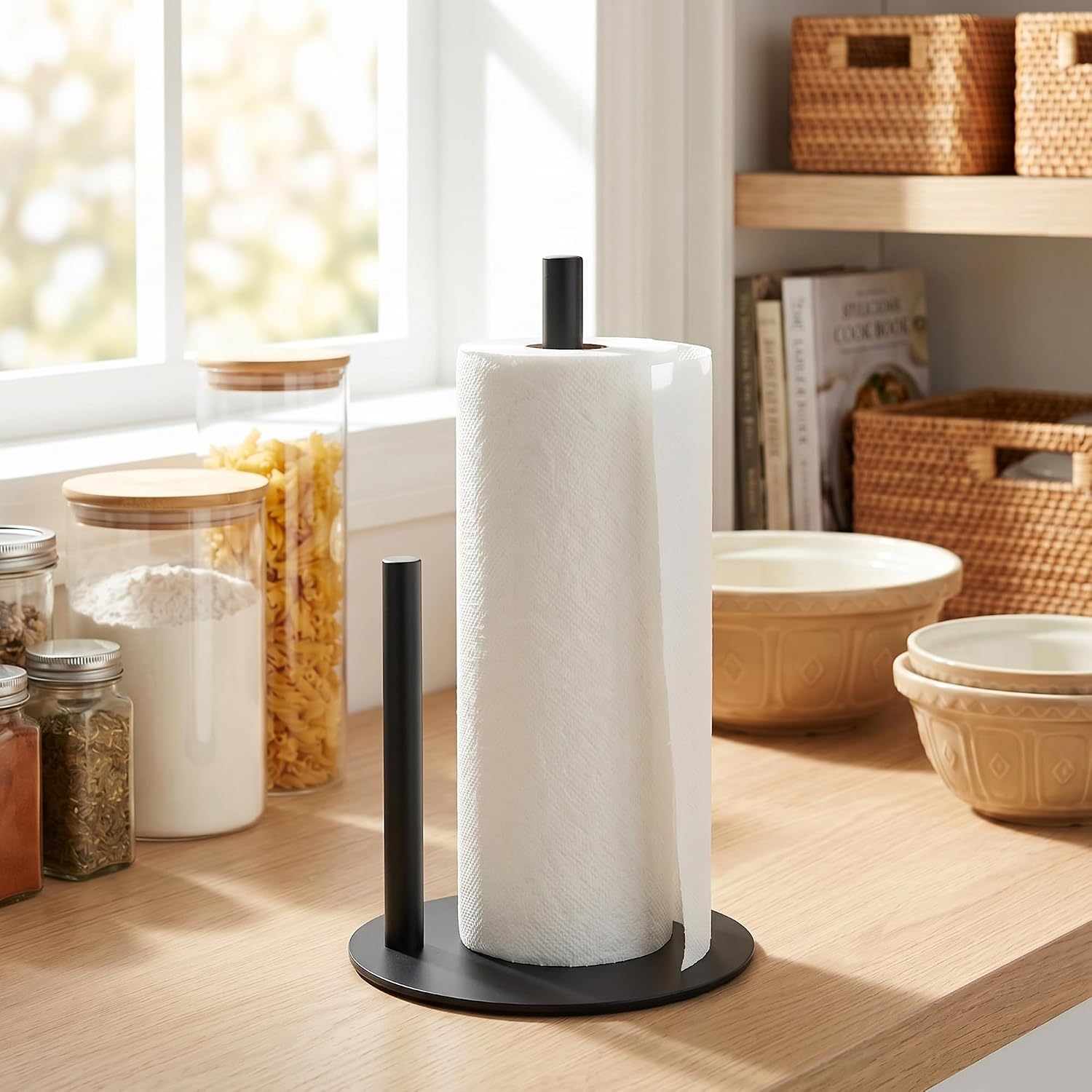 Paper Towel Holder Countertop, Non-Slip Base Paper Towel Dispenser, Metal Kitchen Decor for Home and Apartment Essentials 11.8x6.7in Black image 2