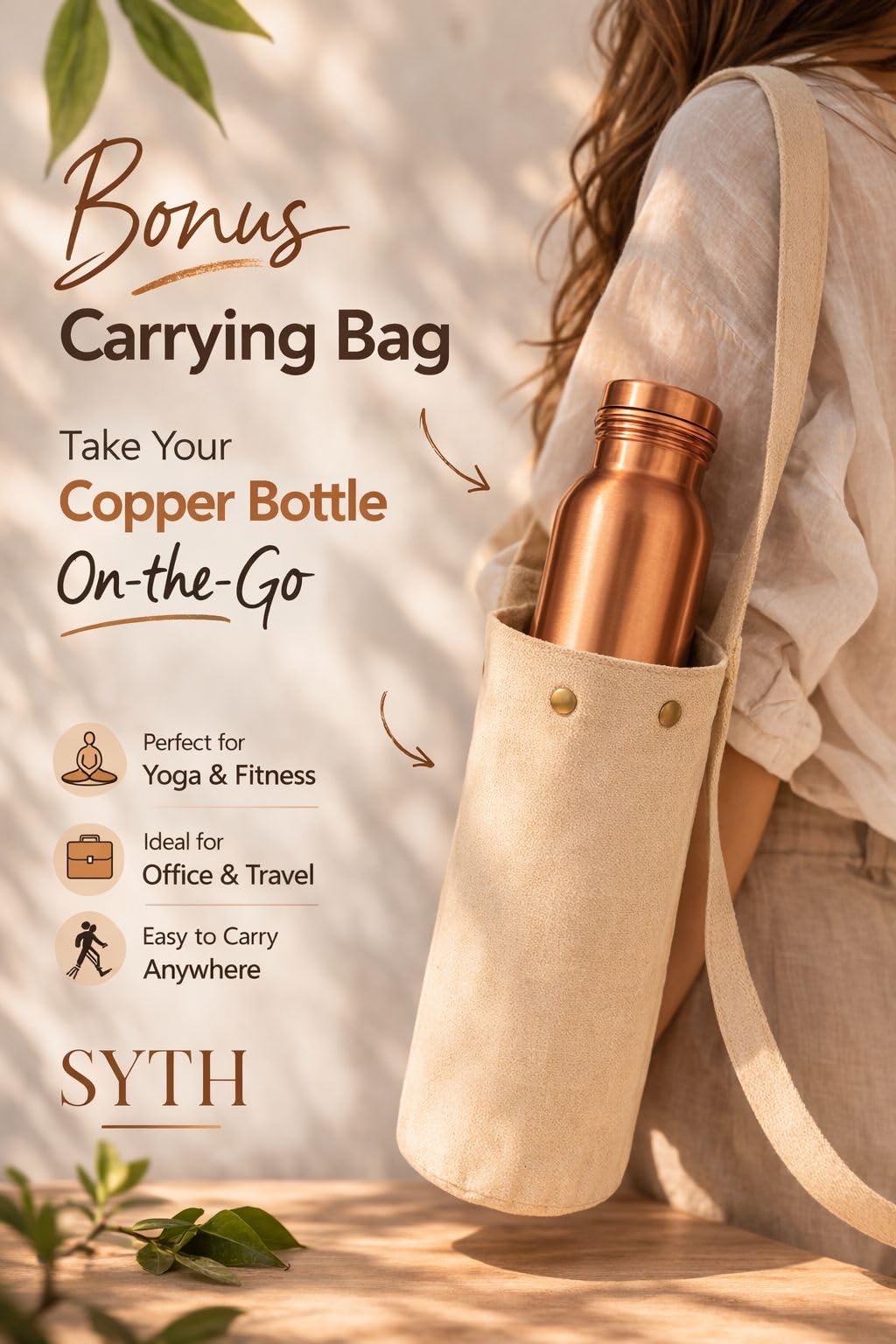 Wasserflasche aus 100 % reinem Kupfer mit Tragetasche, im Labor getestet, auslaufsicher, handgefertigt, ayurvedisches Kupfergefäß, Wasserflasche aus reinem Kupfer zum Trinken (Kupferflasche mit Tasche