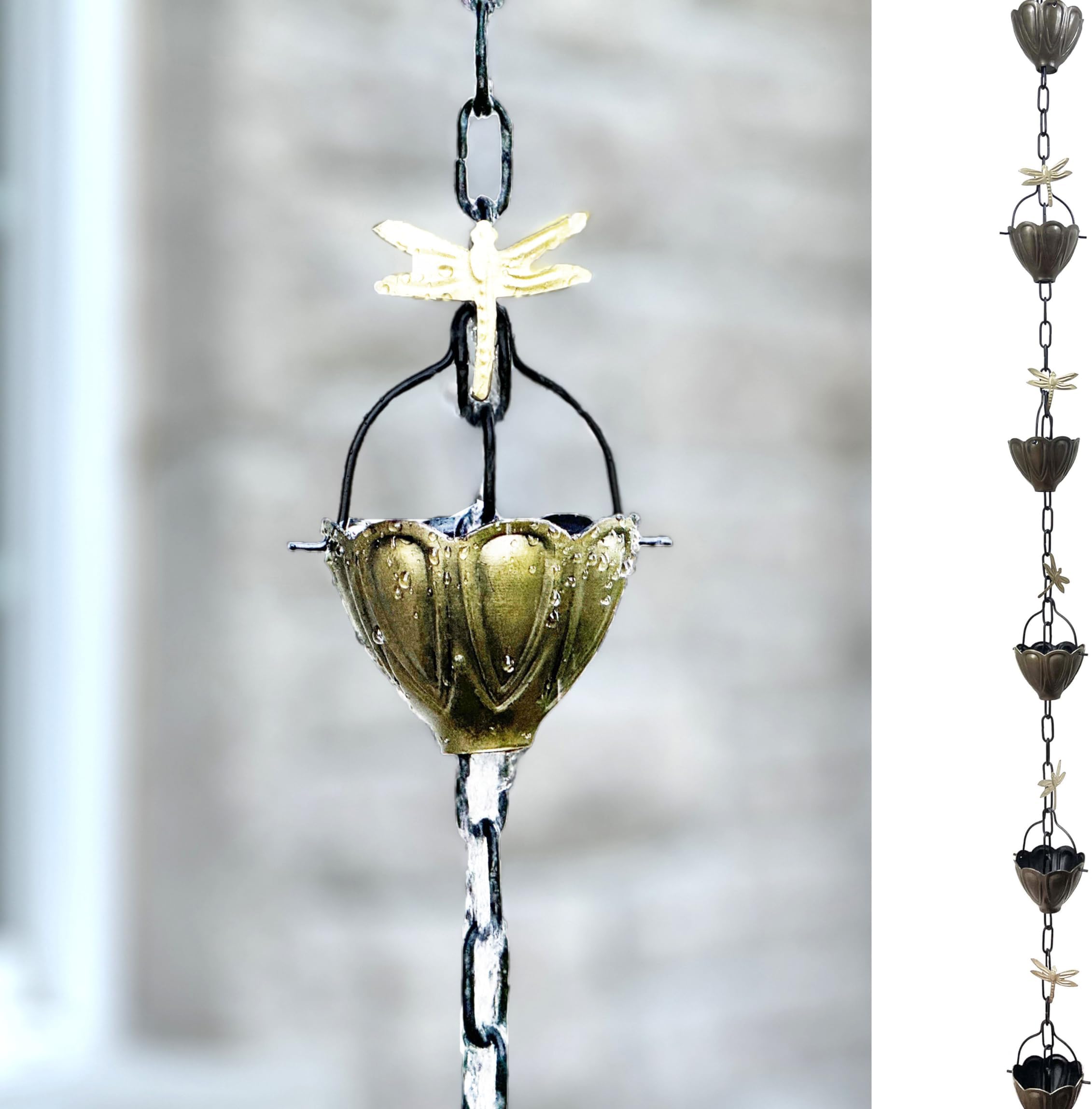 Rain Chains by JASINC 8.5 ft Dragonfly Rain Chain Antique Brass, to Replace Gutter Downspout, Water Diverter, JAS8004AB