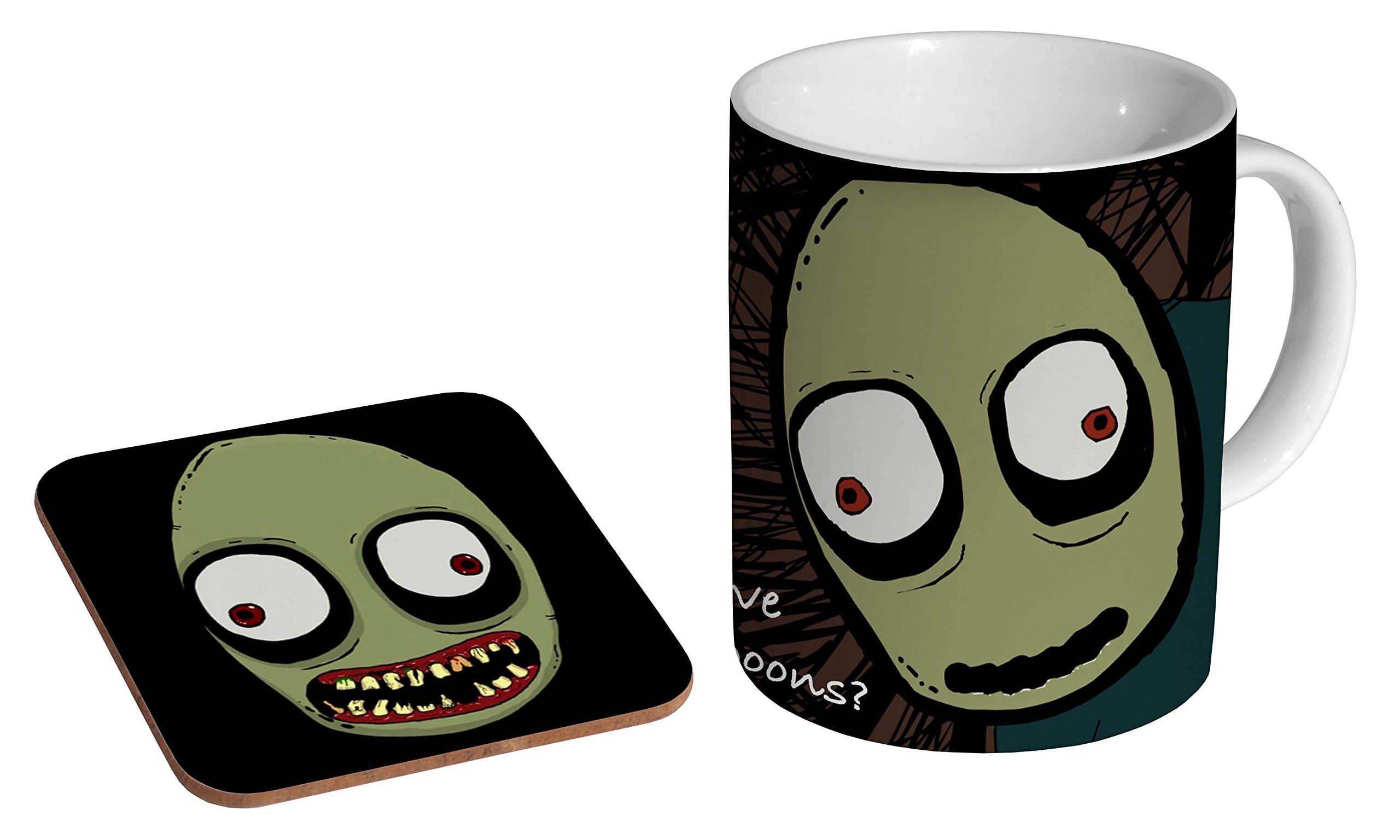 Mugmart White Salad Fingers Rusty Spoons Dark Ceramic Coffee Mug + Coaster Gift Set …
