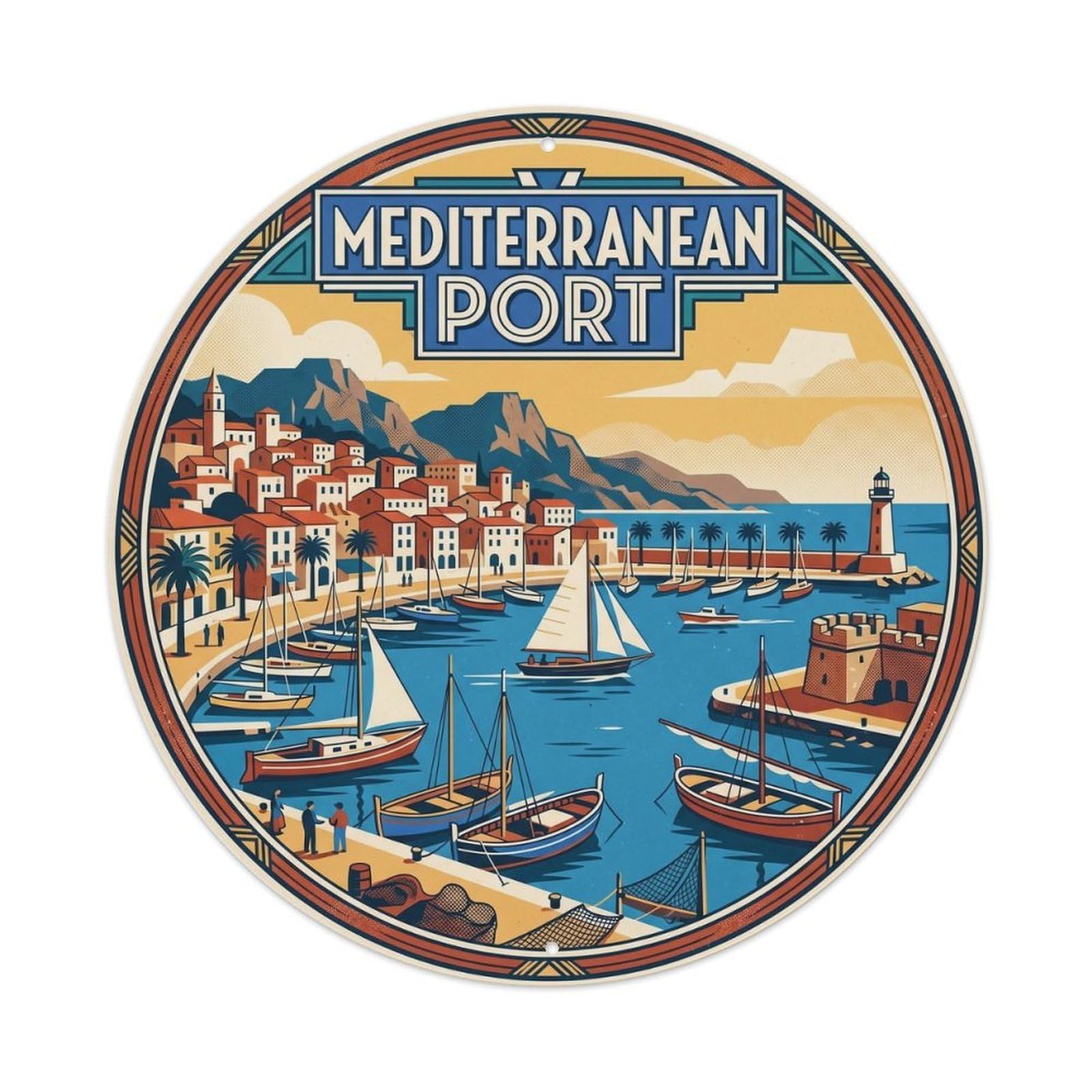 Mallorca Mediterranean Harbor Seaside Journey Village Metal Tin Sign
