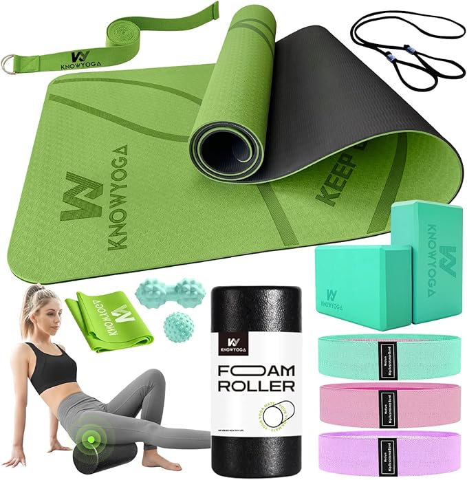 KNOWYOGA Yoga Starter Kit 12 in 1 – Yoga Set Include Yoga Mat, Foam Roller, 4 Resistance Bands, Yoga Blocks 2 Pack with Strap, 2 Peanut Massage Balls