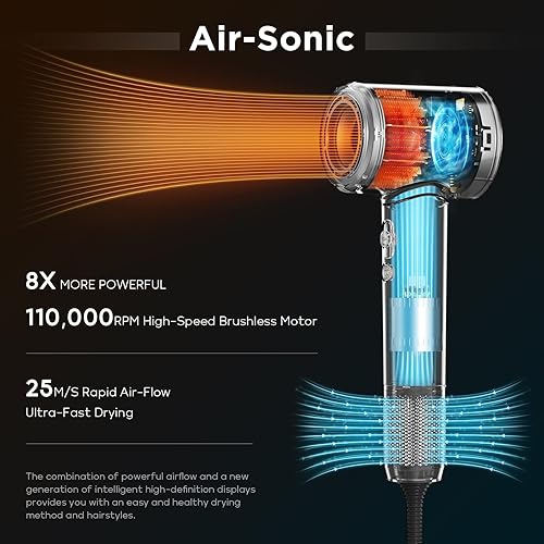Miniatura 7 de Juego de peinado 3 en 1 con secador de pelo ultrasónico, seco con motor sin escobillas de alta velocidad de 110,000 RPM