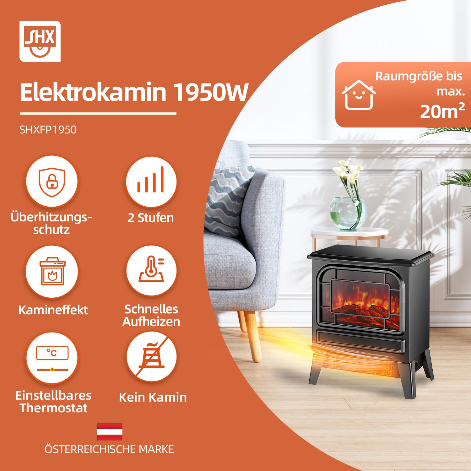 Elektrokamin mit Heizlüfter 1950W Elektro Kamin Elektrischer Heizung LED Kaminfeuer Effekt Kaminofen Flammeneffekt Heizer Ofen geräuscharm regelbar Schwarz