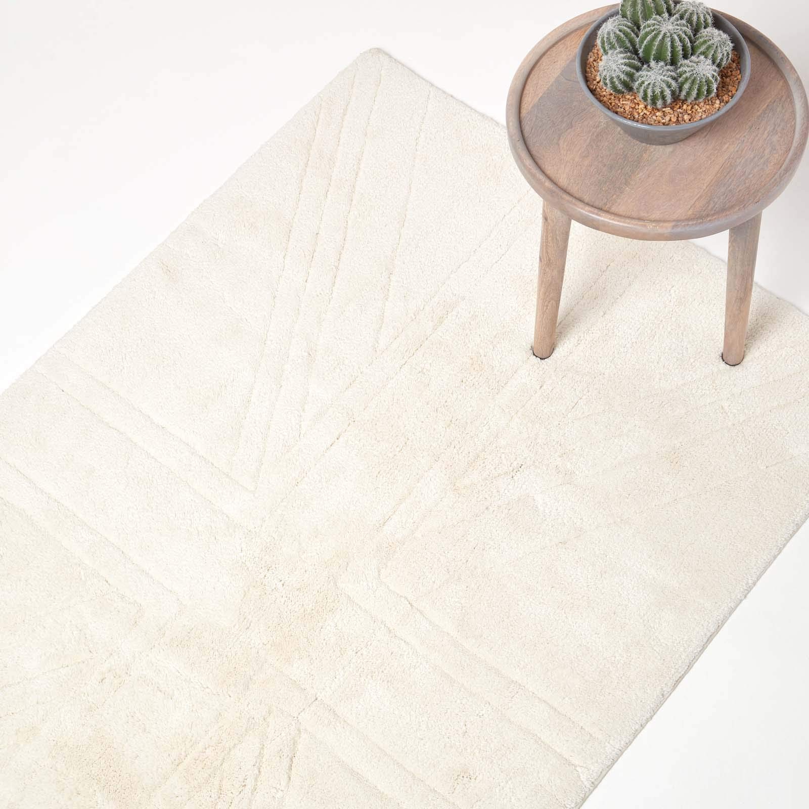 HOMESCAPES 100% Cotton Washable Tufted Rug Union Jack Plain Embossed Mat Ivory Cream - 90 x 150 cm Interior Rug or Extra Large Bath Mat